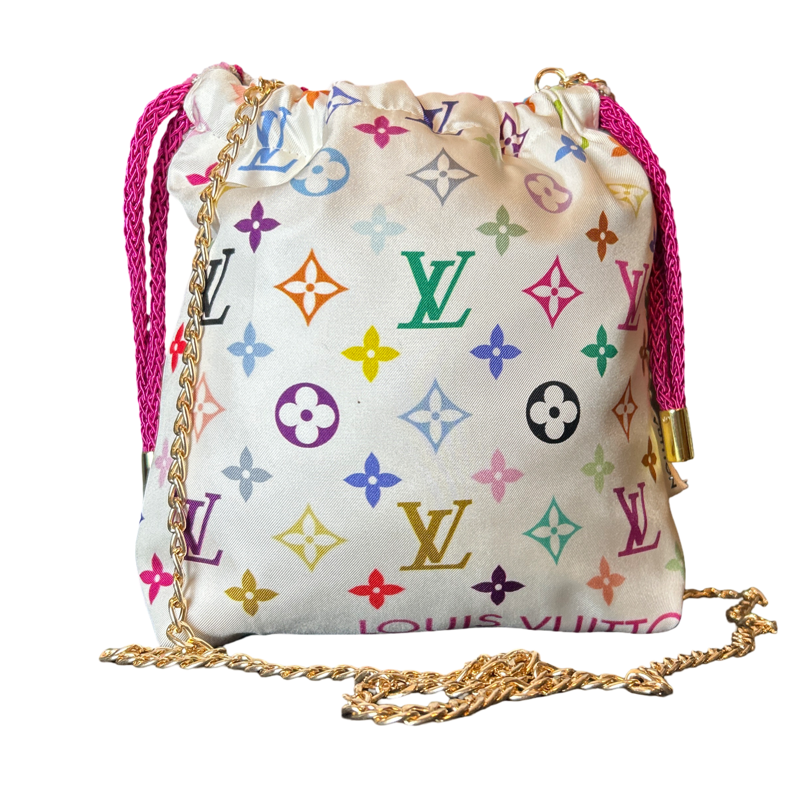 LV Murakami Monogram Vintage Silk Scarf Drawstring Crossbody Bag