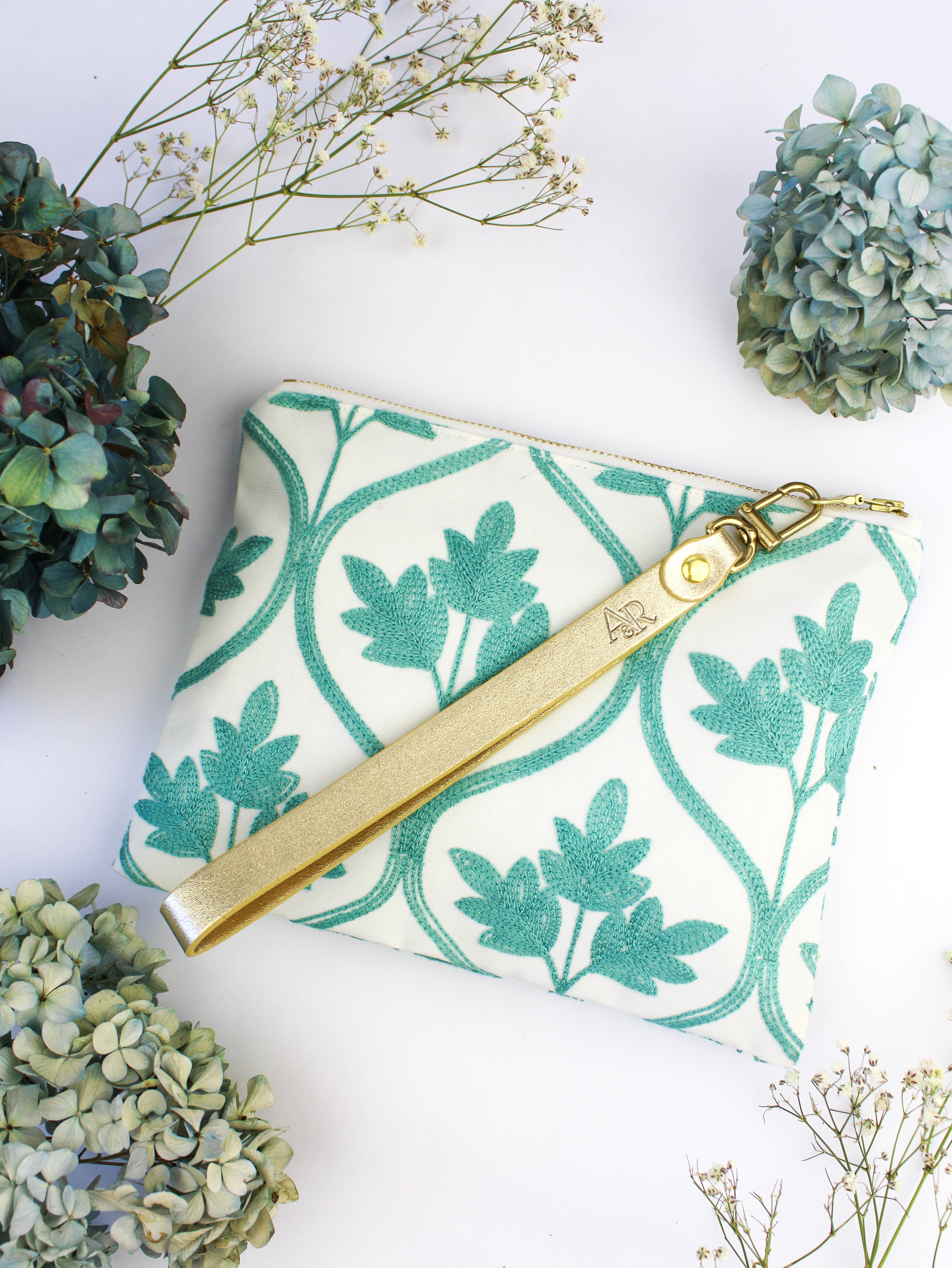 Mayfair Aqua Botanical Embroidered Wristlet Purse