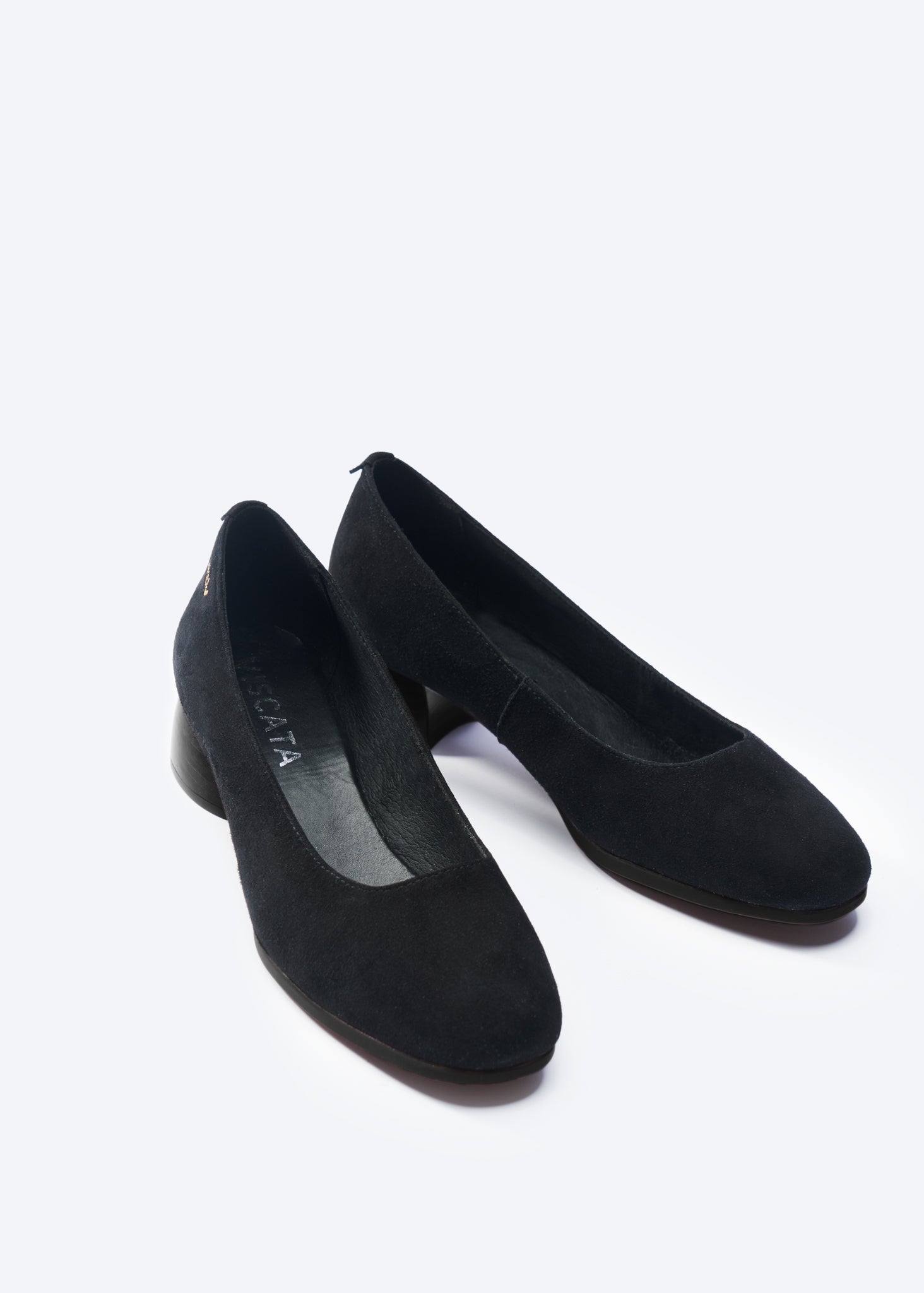 Milan Black Suede Slip On Women Low Block Heel Shoes U Cut Closed Toe