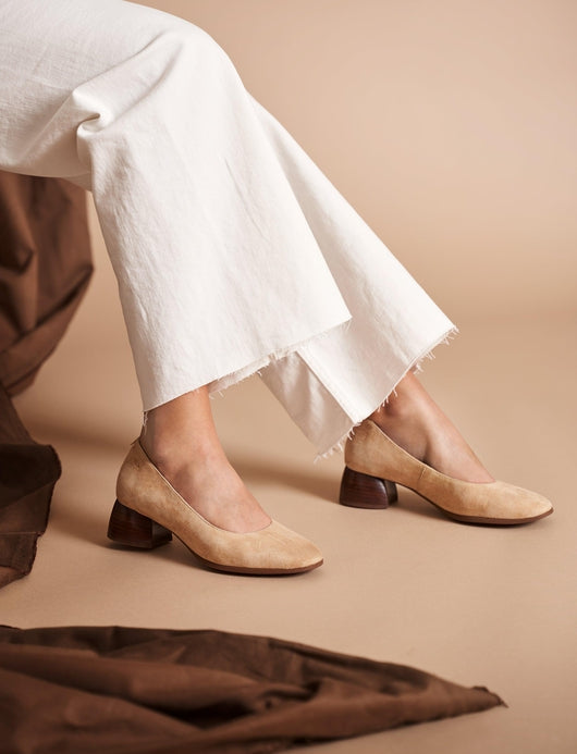 Milan Camel Suede Slip On Women Low Block Heel Shoes Legs