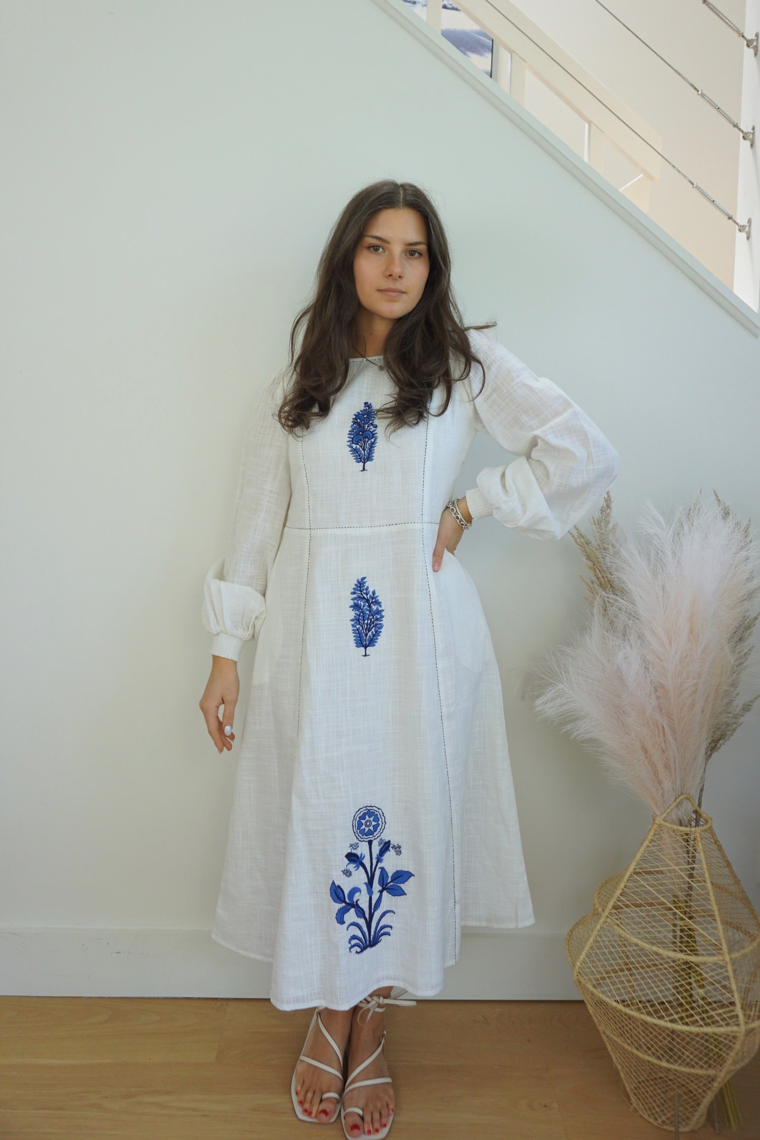 Milo Dress in White/Blue Emb