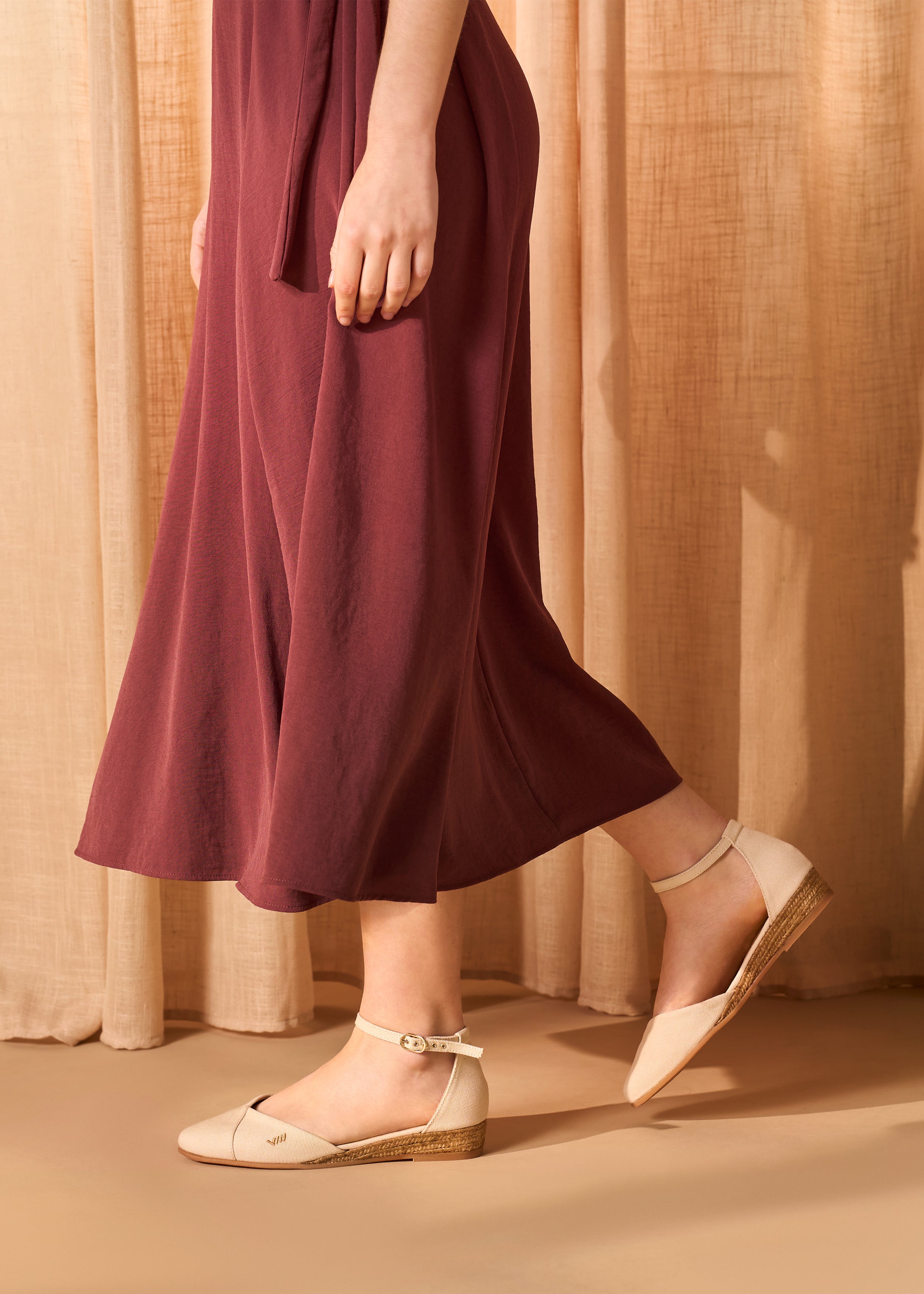 Montroig Beige Canvas Ankle Strap Women Espadrille Flats Legs