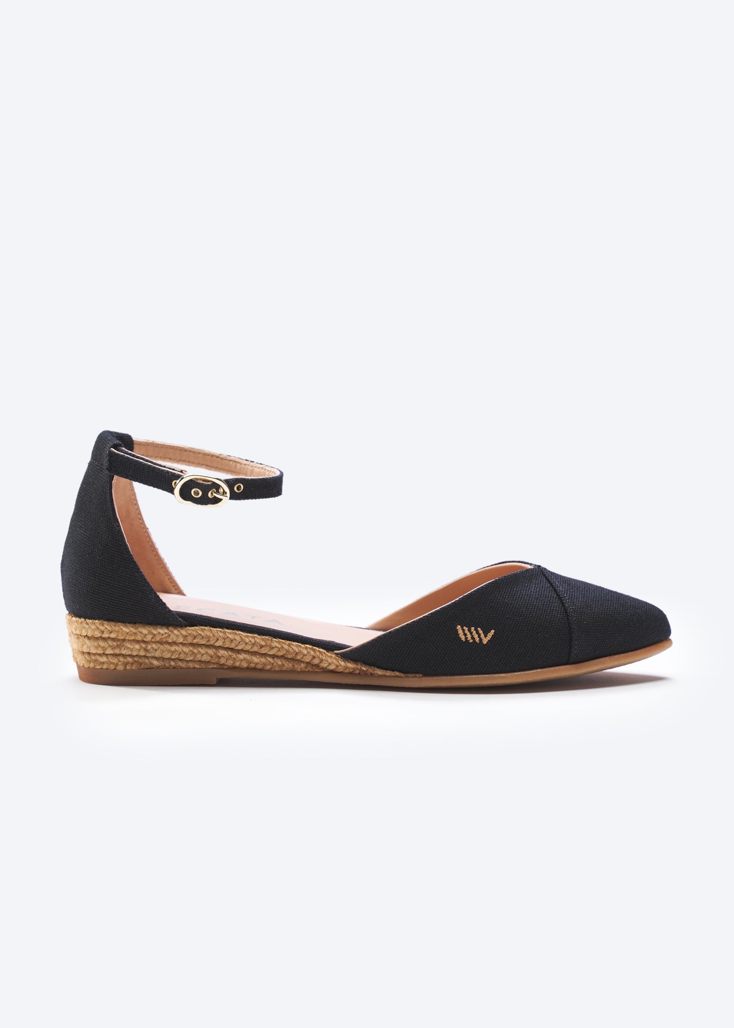 Montroig Black Canvas Ankle Strap Women Espadrille Flat