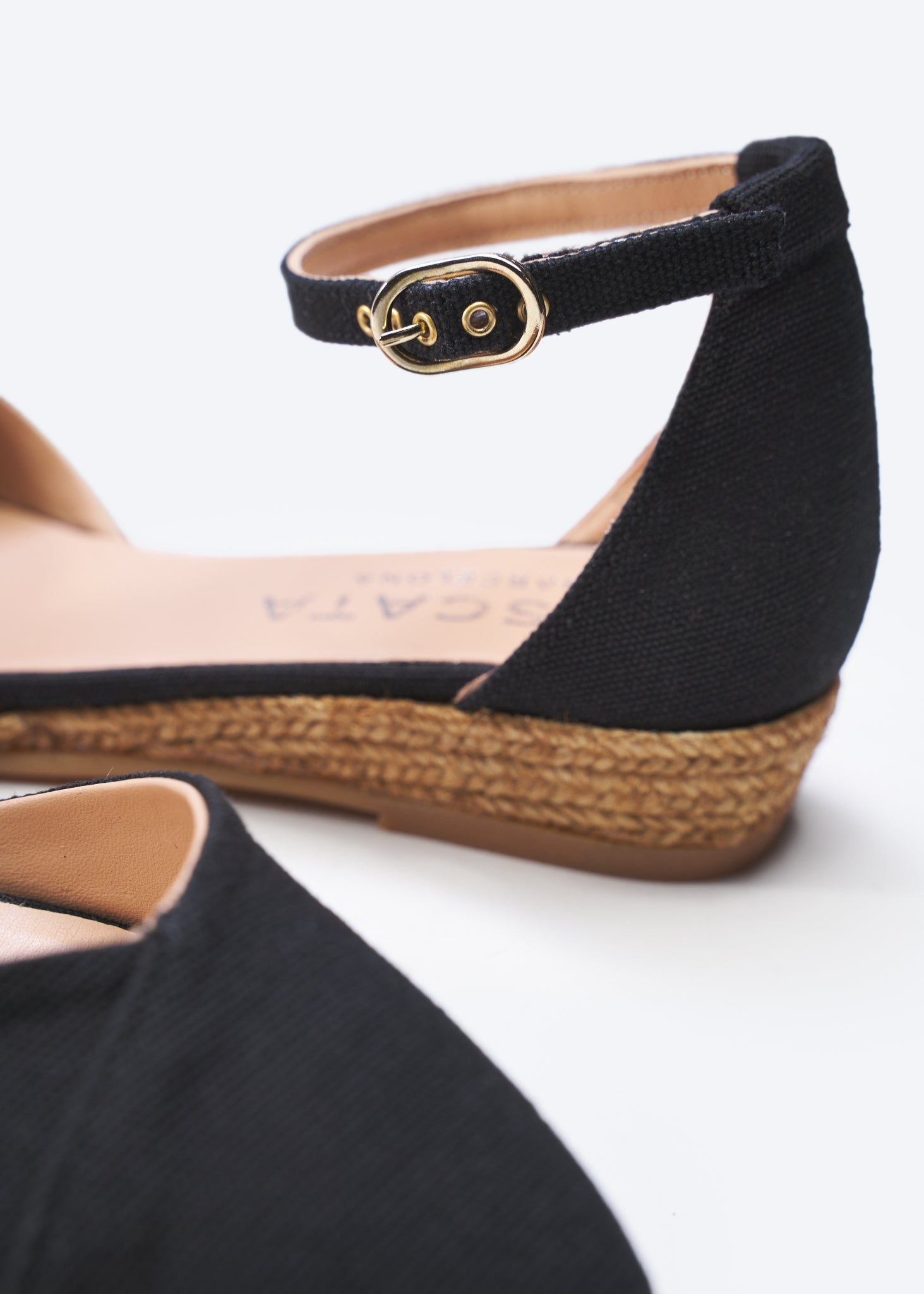 Montroig Black Canvas Ankle Strap Women Espadrille Flats Legs Buckle Detail