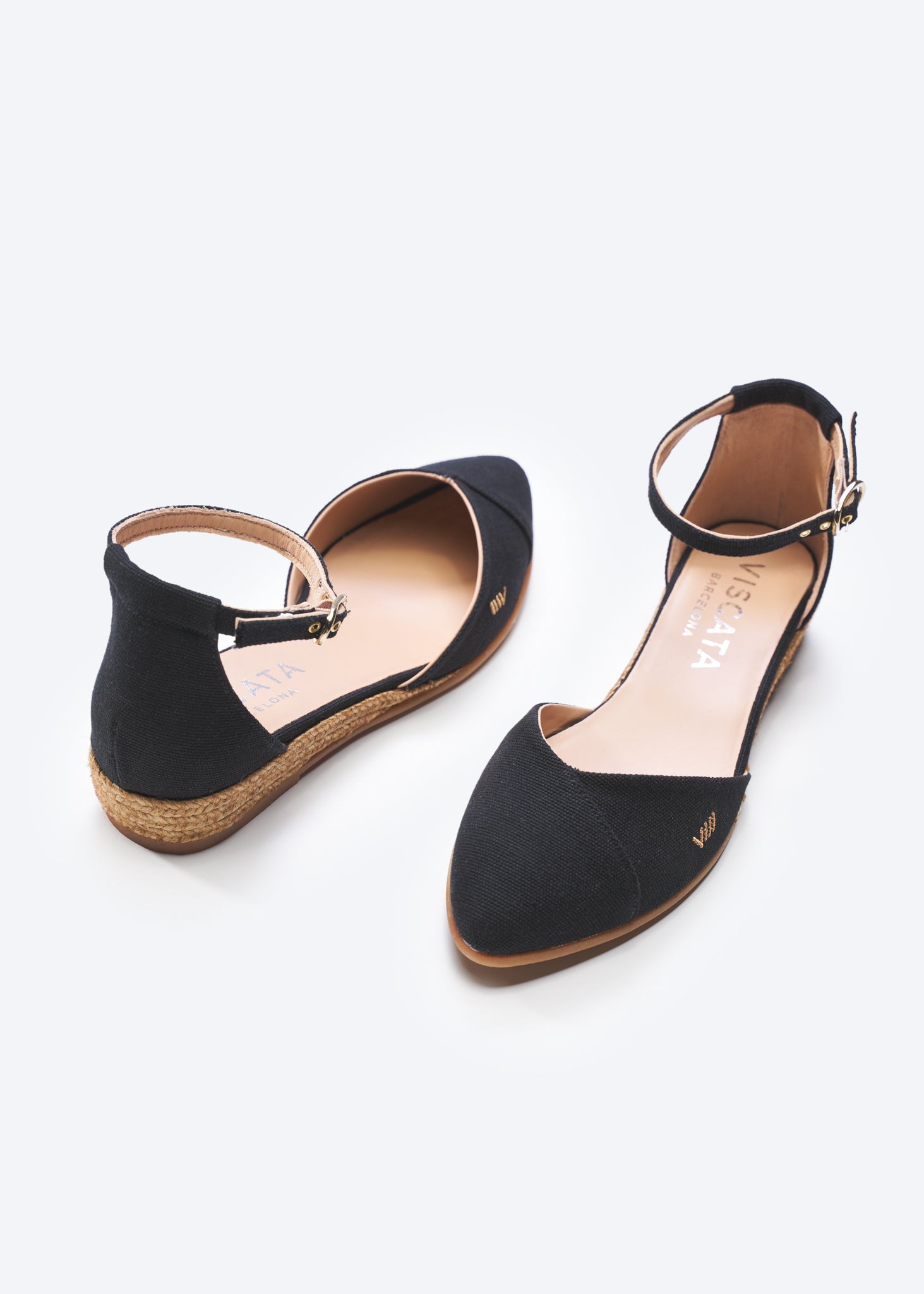Montroig Black Canvas Ankle Strap Women Espadrille Flats Back and Toe Detail