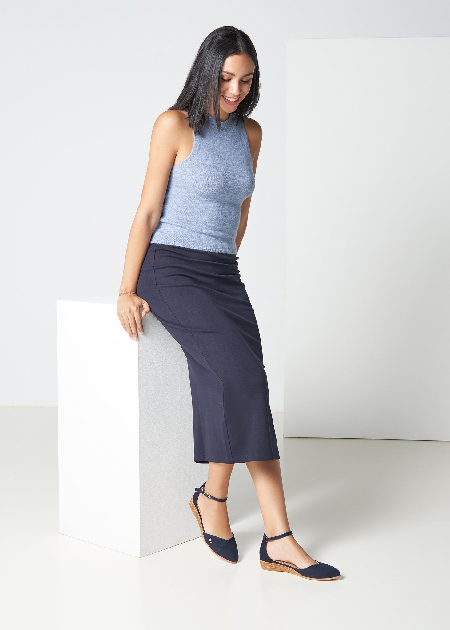 Montroig Navy Blue Canvas Ankle Strap Women Espadrille Flats Outfit