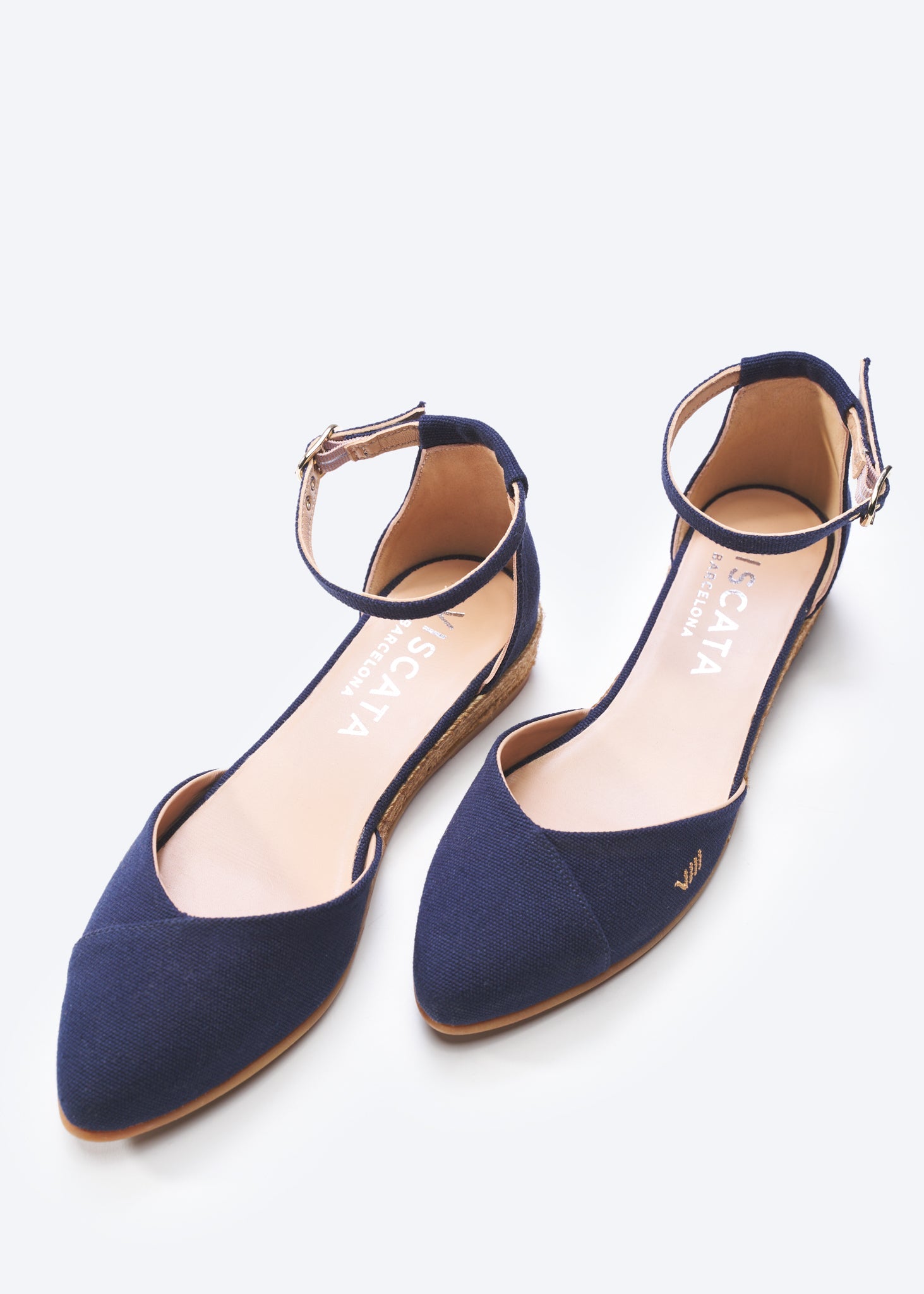 Montroig Navy Blue Canvas Ankle Strap Women Espadrille Flats V Cut Toe Detail