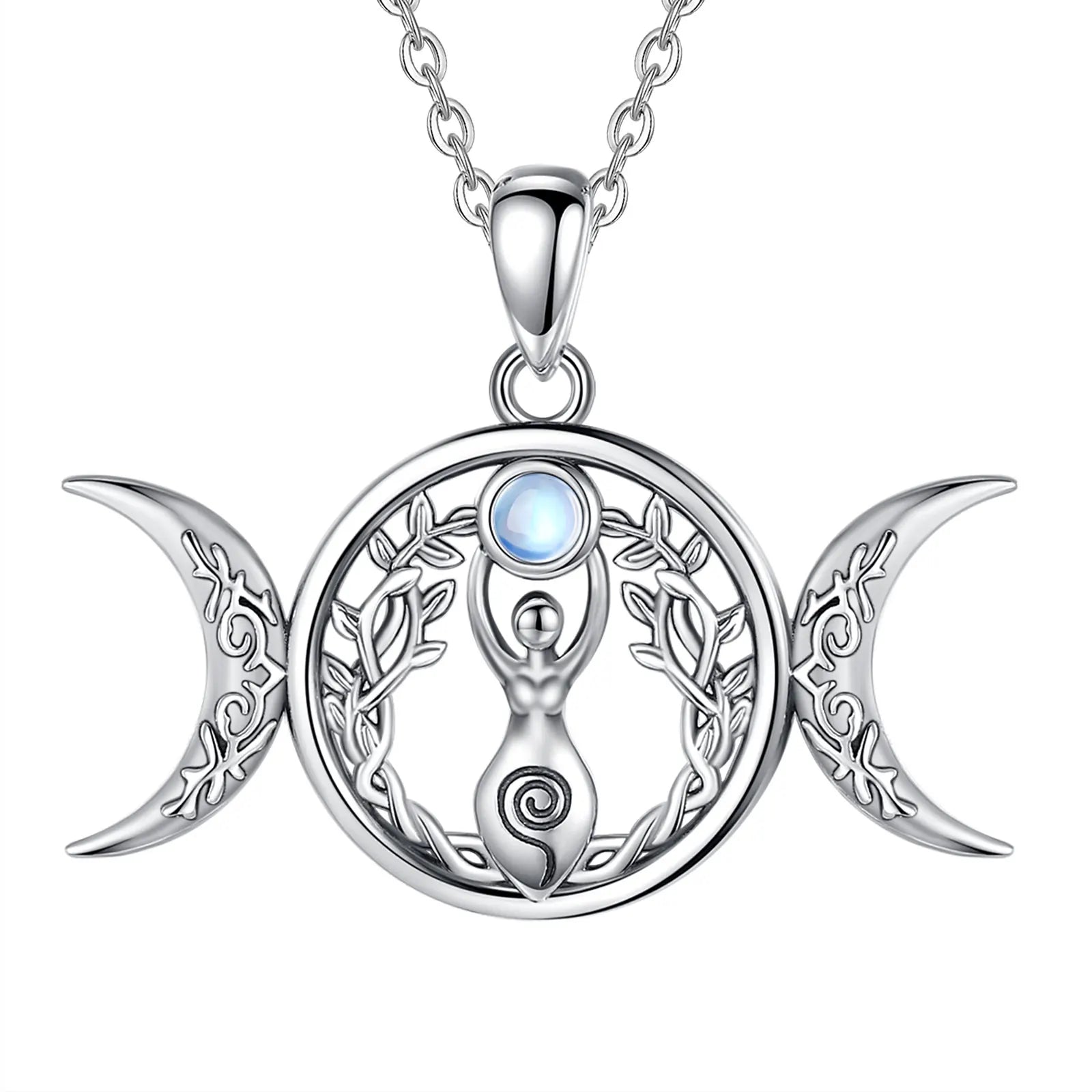 Moonstone Triple Moon Goddess Sterling Silver Necklace