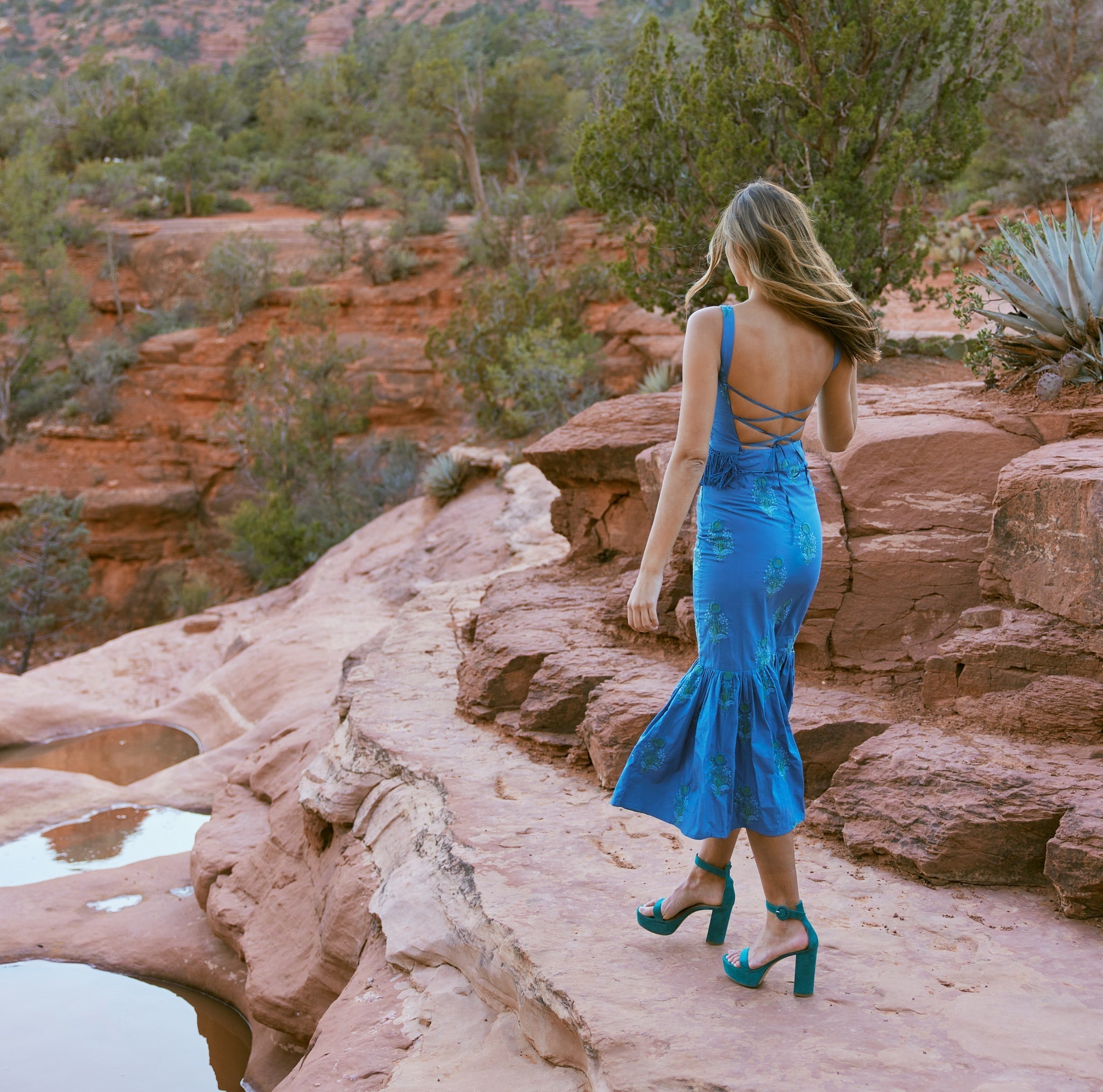 Brook Embroidered Fringe Tie Top - Prussian Blue/Placed Floral Embroidery