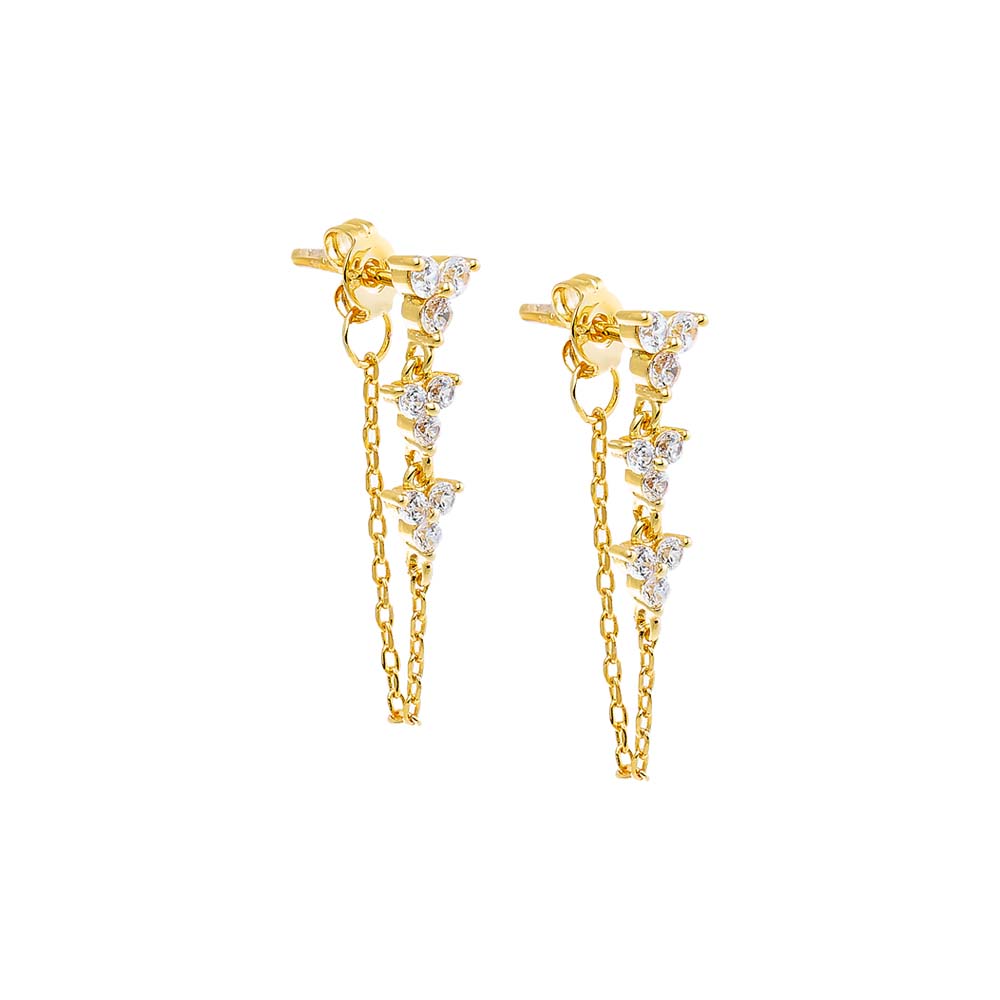 Gold Multi Trio CZ Chain Front Back Stud Earring - Adina's Jewels