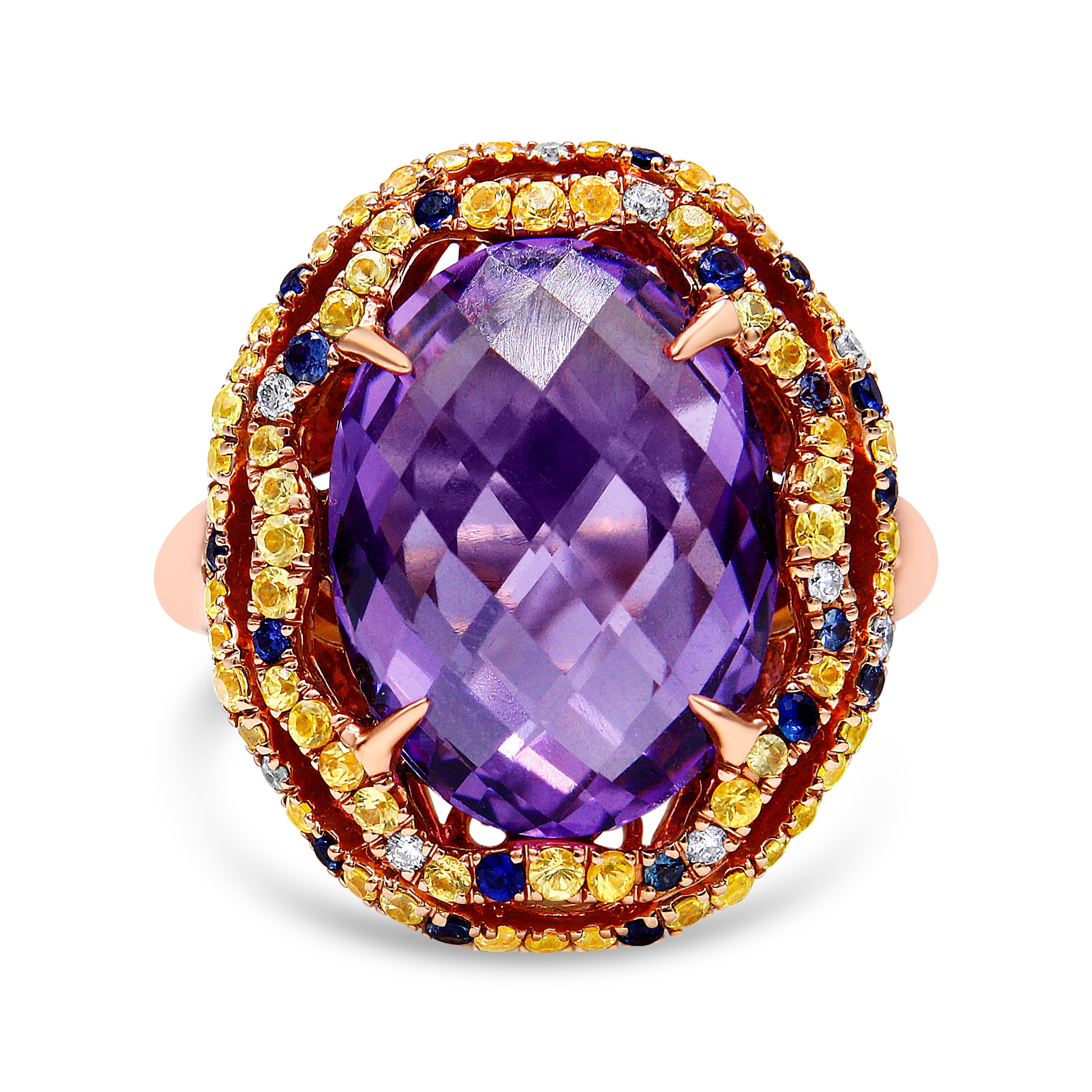 18K Yellow And Rose Gold Claw Prong Set Checkerboard Cut Purple Amethyst, Blue & Yellow Sapphire, Diamond Accent Cocktail Ring Band (F-G Color, Vs1-Vs2 Clarity) - Ring Size 7