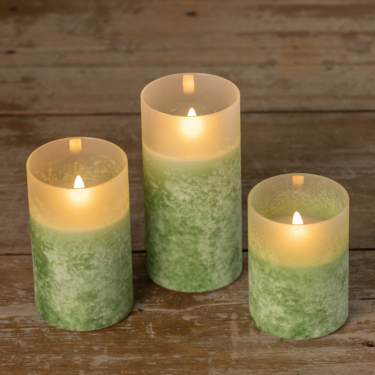 Green Frosted Glass LED Flickering Flame Candle | 3 Sizes