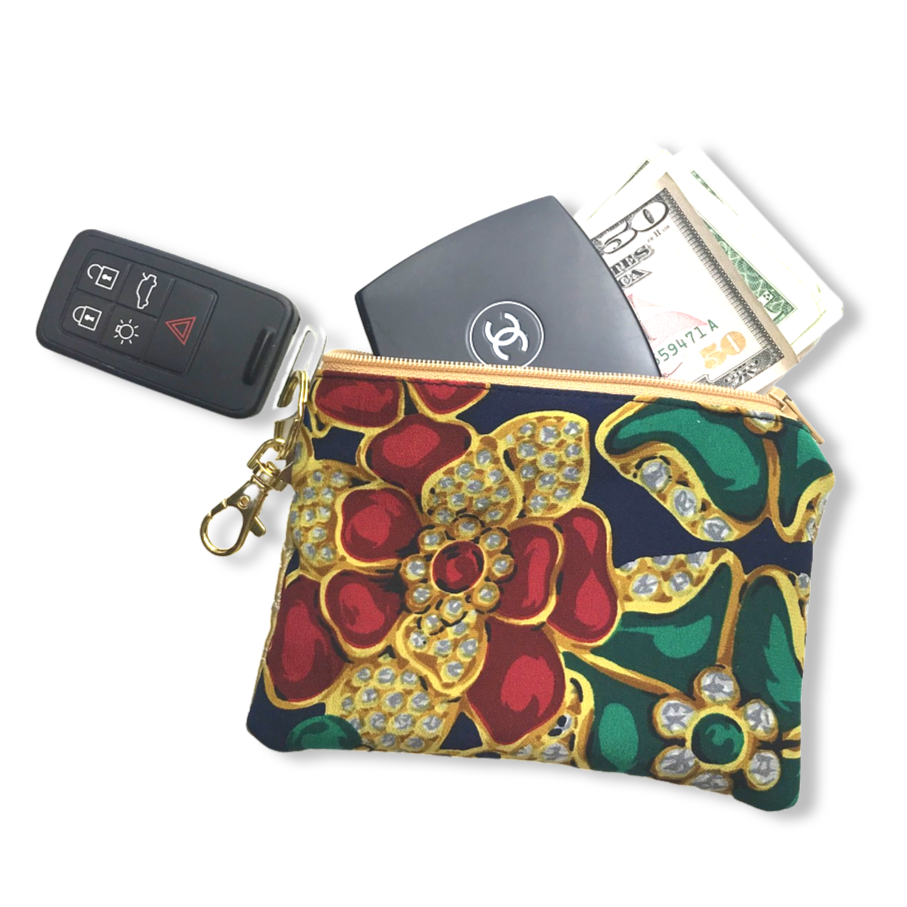 Navy Jewels Vintage Silk Scarf Coffee Run Keychain Bag