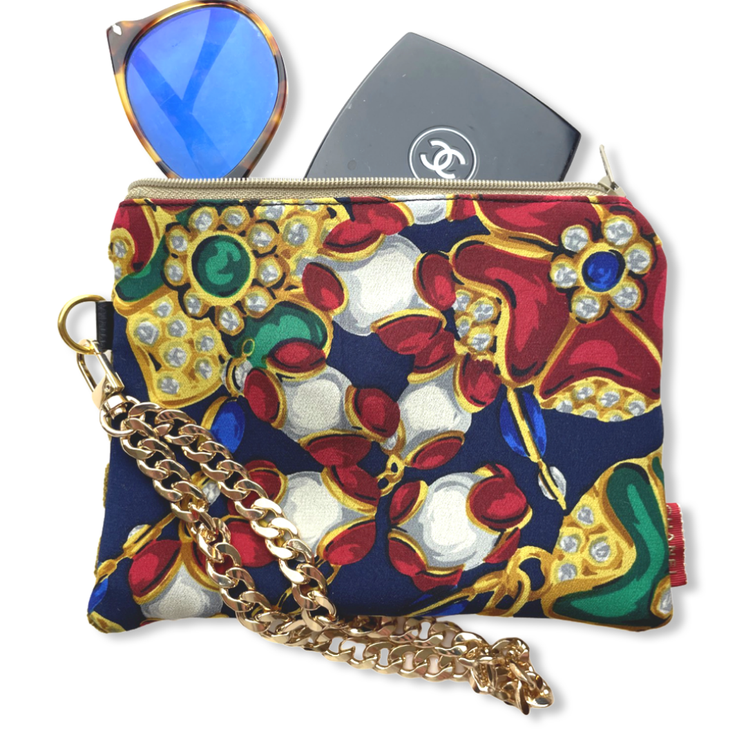 Navy Jewels Vintage Silk Scarf Wristlet Grand Bag