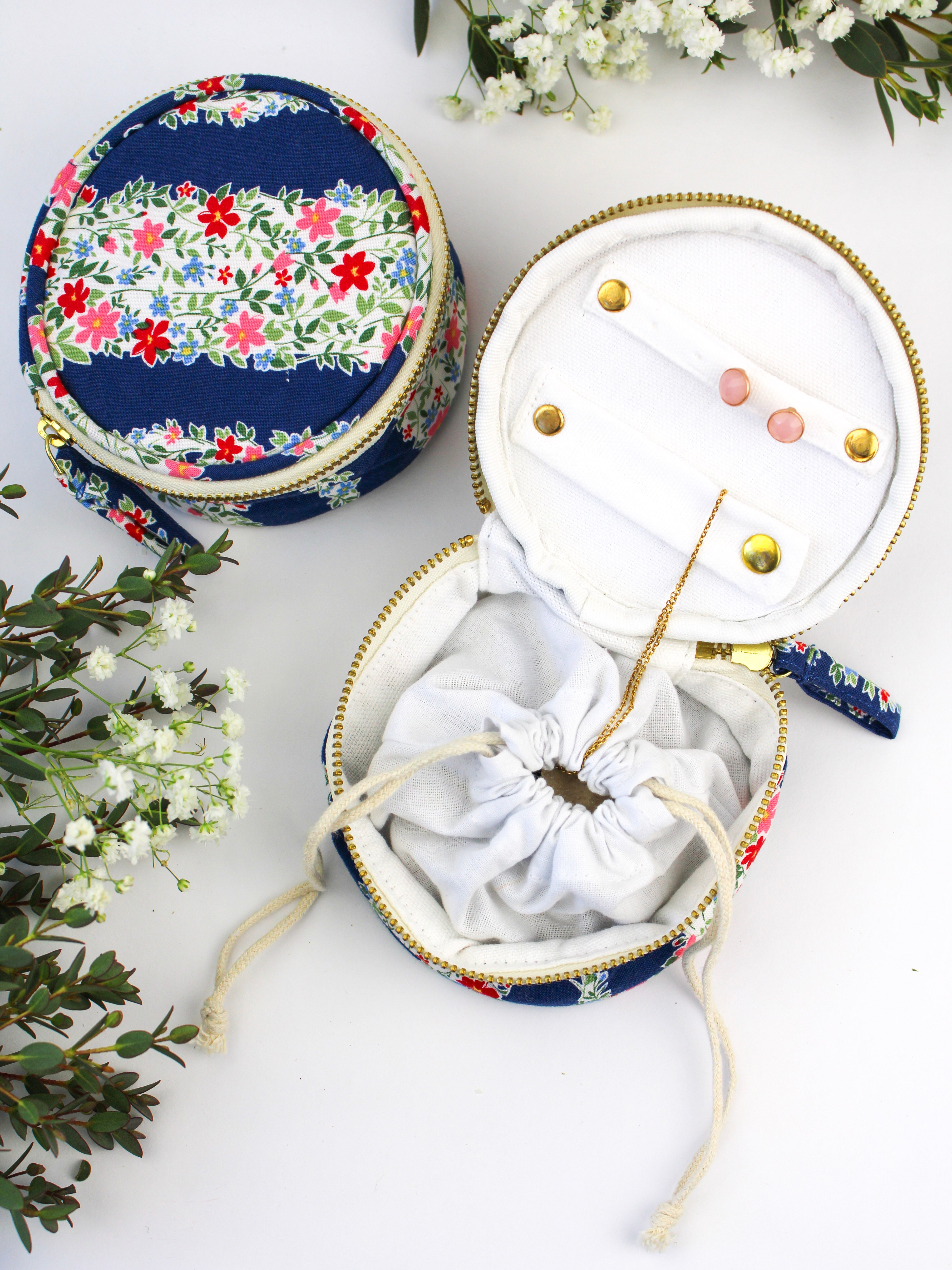 Navy Floral Stripe Jewelry Pouch