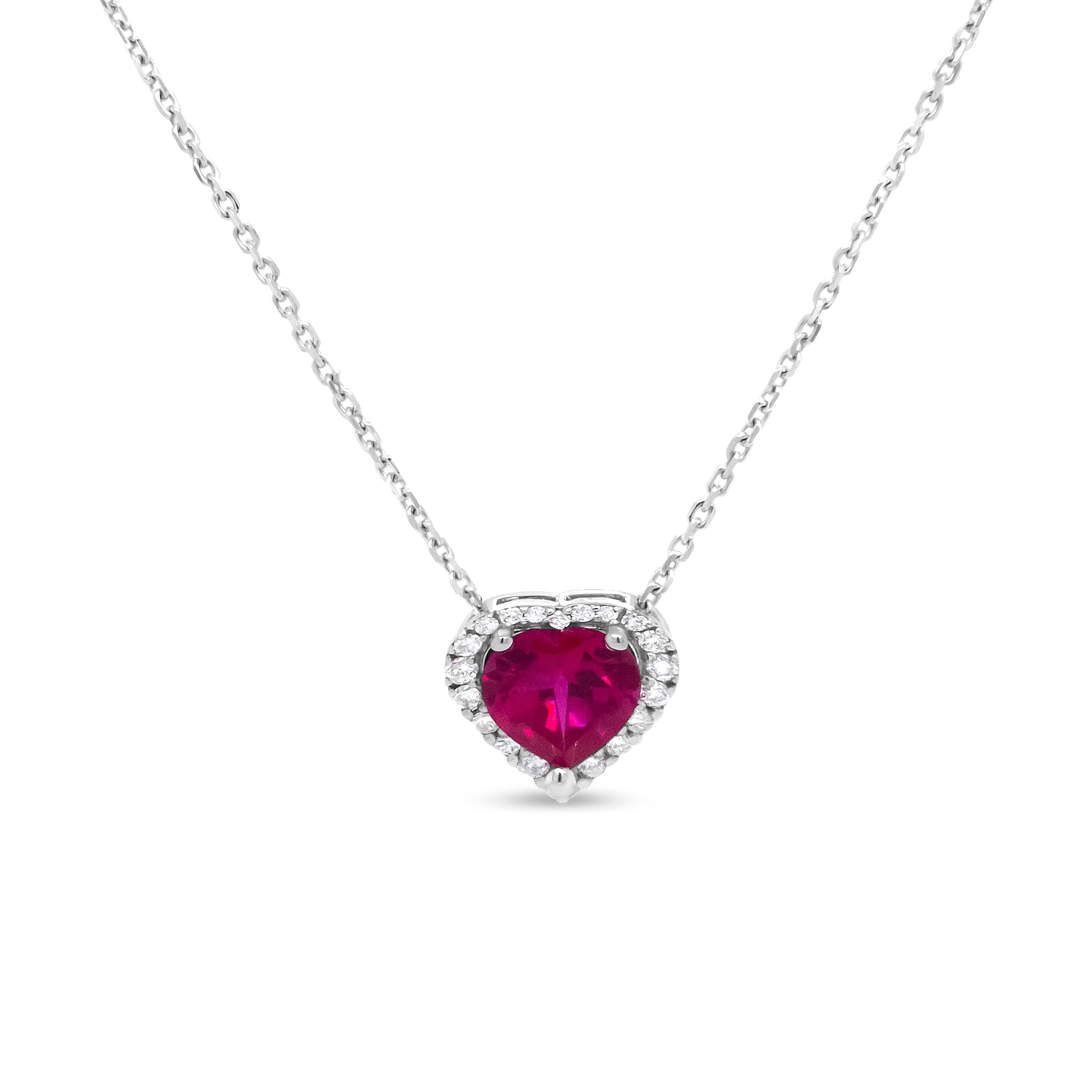 18K White Gold 1/5 Cttw Diamond And 6.7 X 7Mm Heart-Shaped Ruby Halo 18" Pendant Necklace (G-H Color, I1-I2 Clarity)