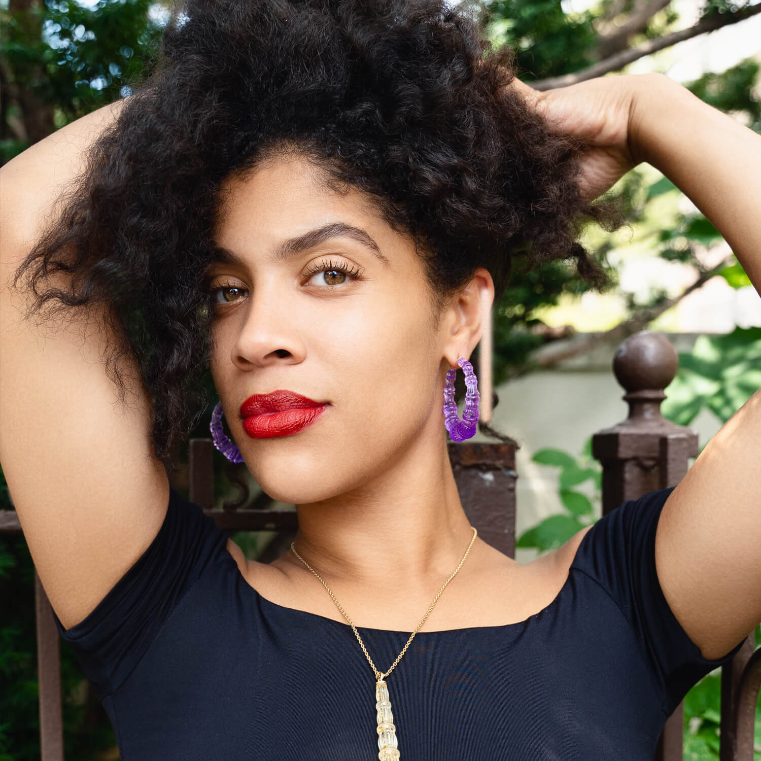 Purple Grape Lucite Bamboo Hoop Earrings