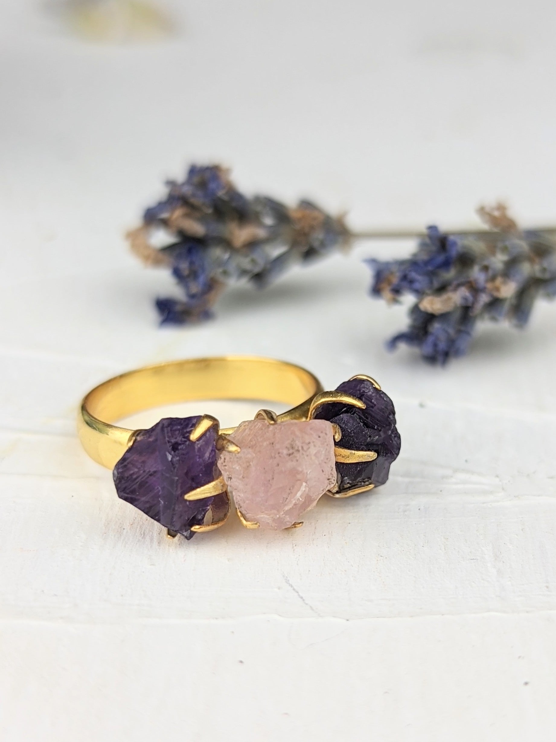 Amethyst/Rose Quartz Cluster Ring - Gold
