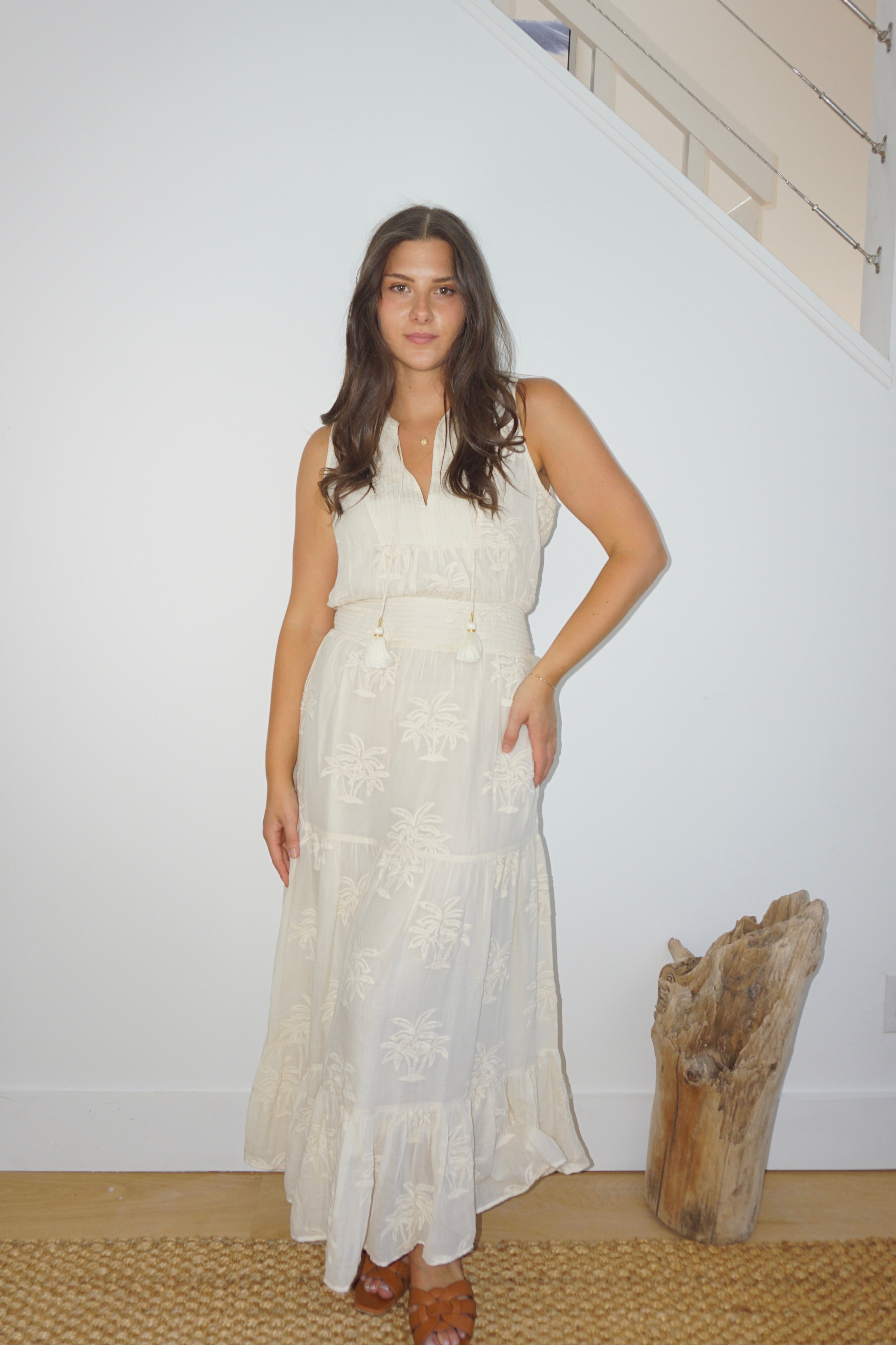 Paloma Dress in Cream Palm Embr
