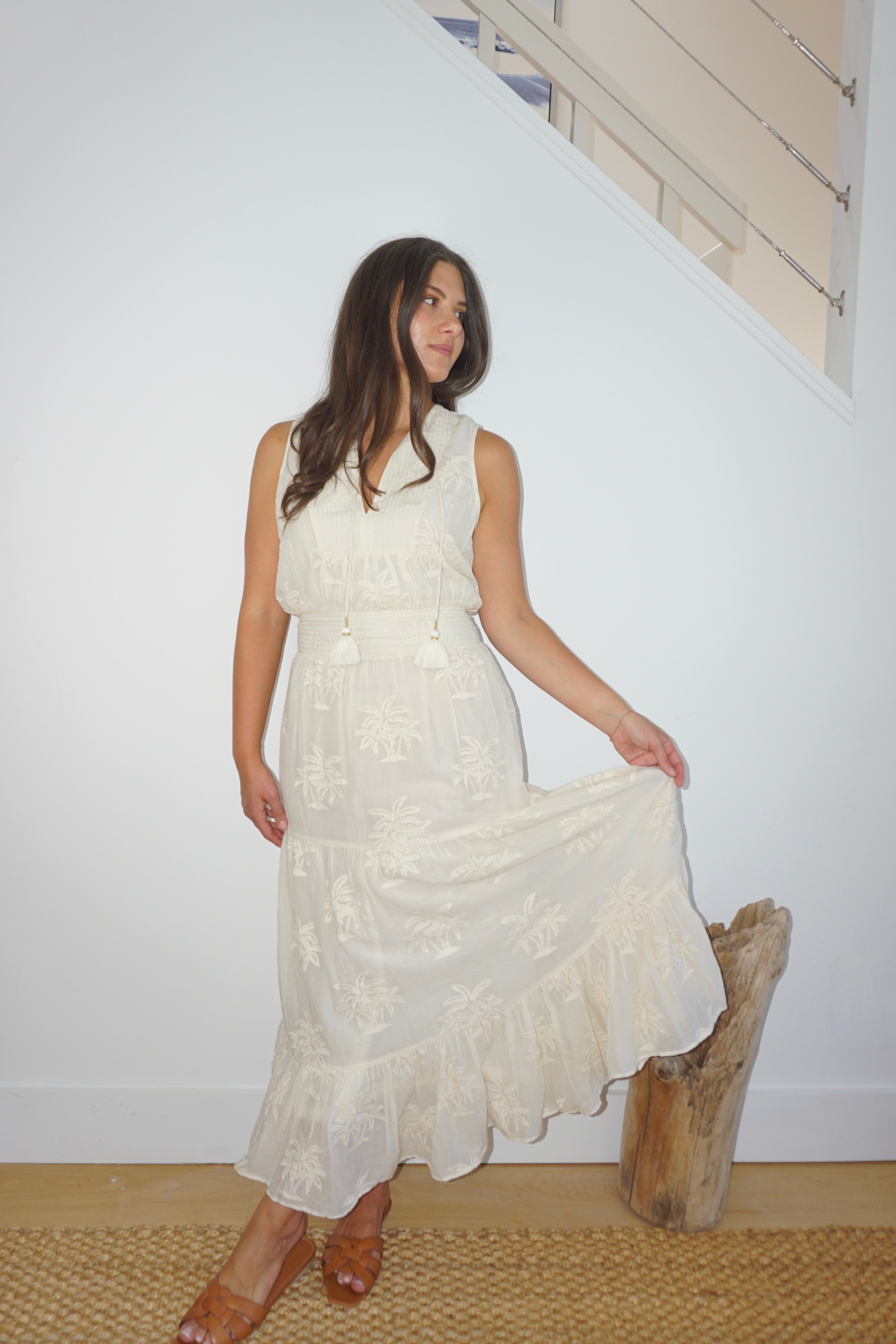 Paloma Dress in Cream Palm Embr