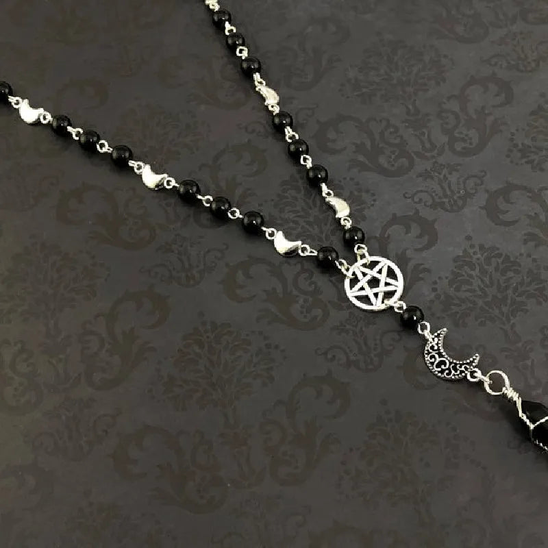 Pentacle Moon Onyx Bead Necklace
