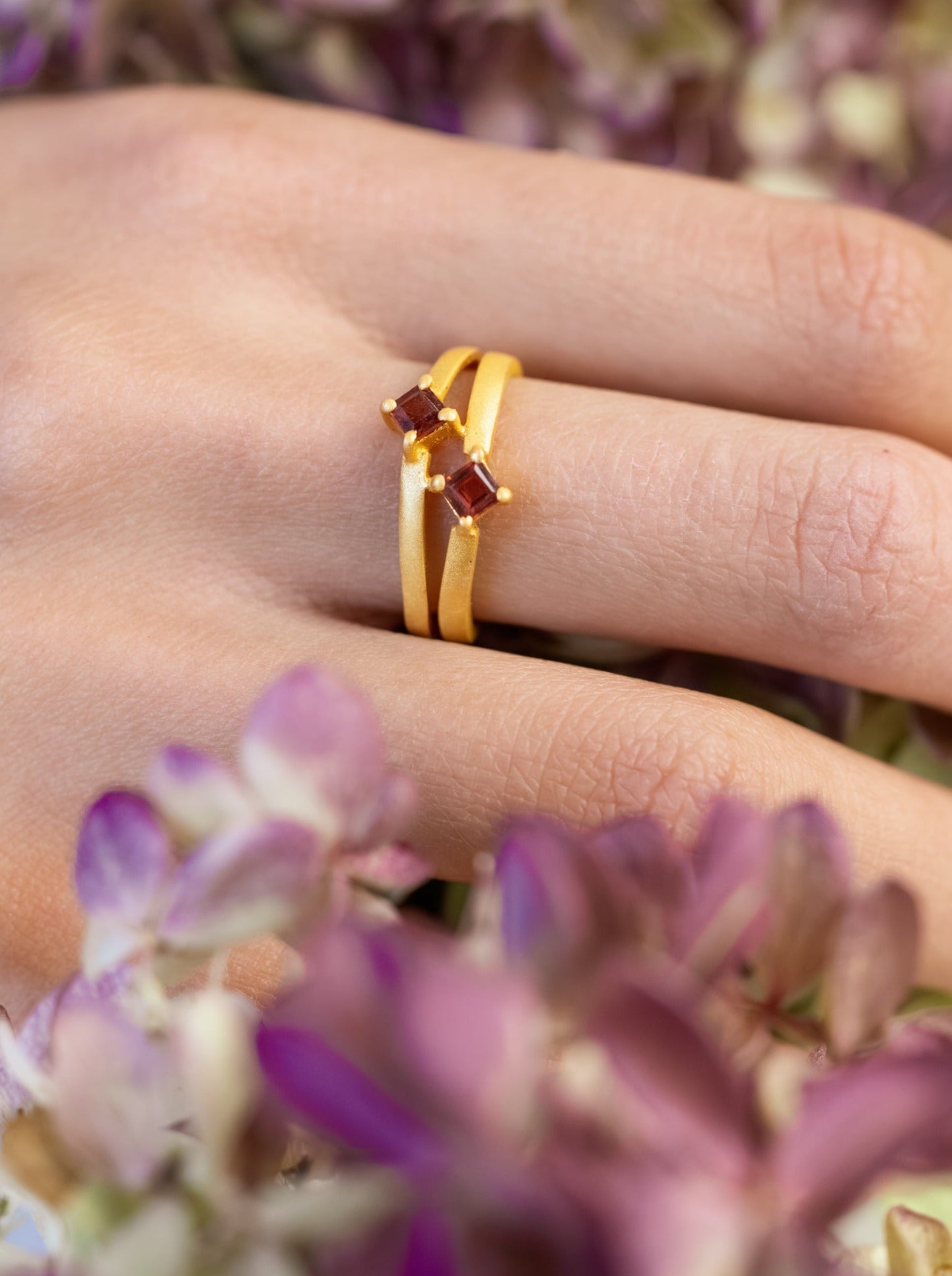 Garnet and Gold Split Shank Ring