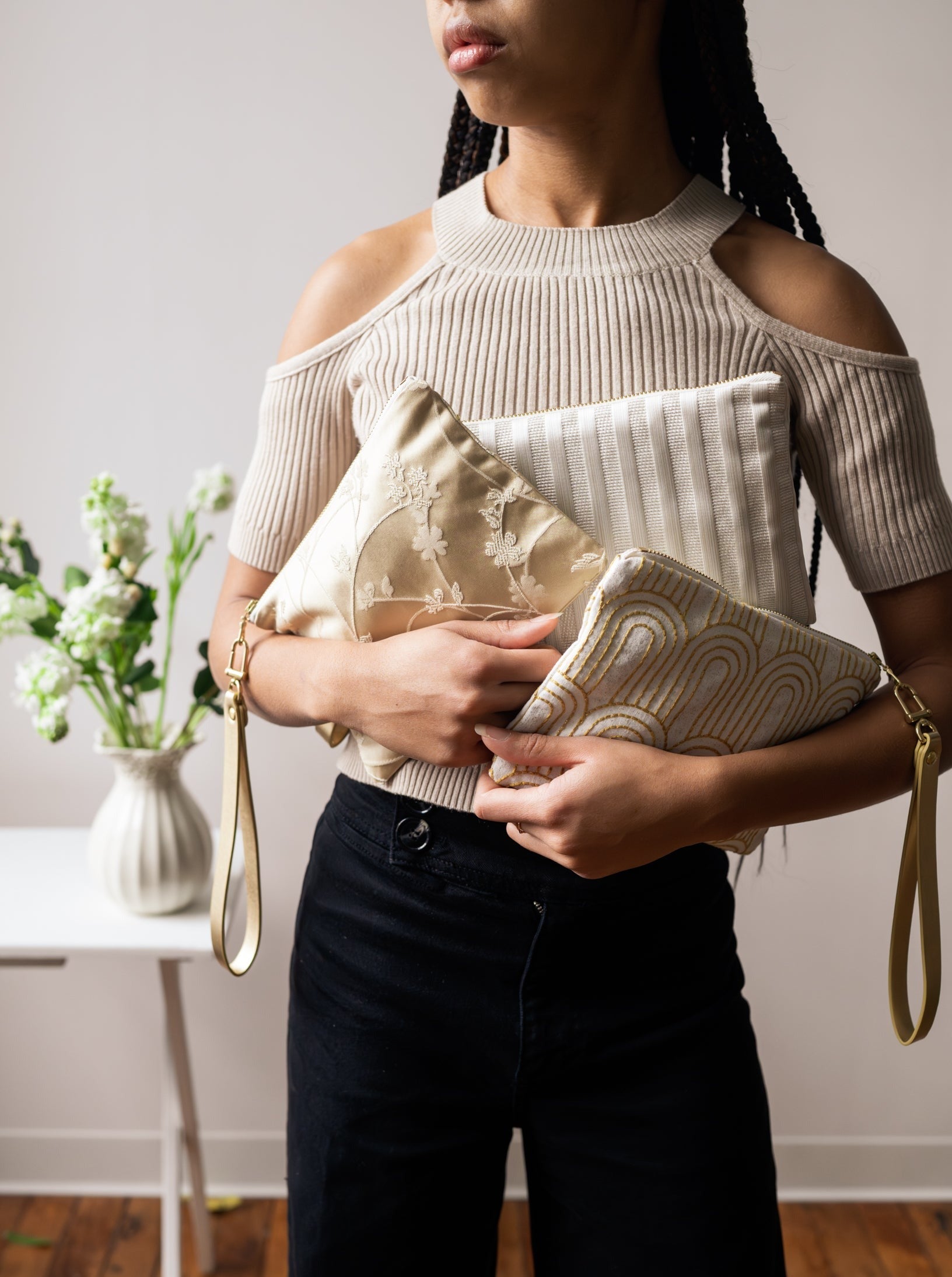 Josephine Embroidered Gold and White Wristlet Purse