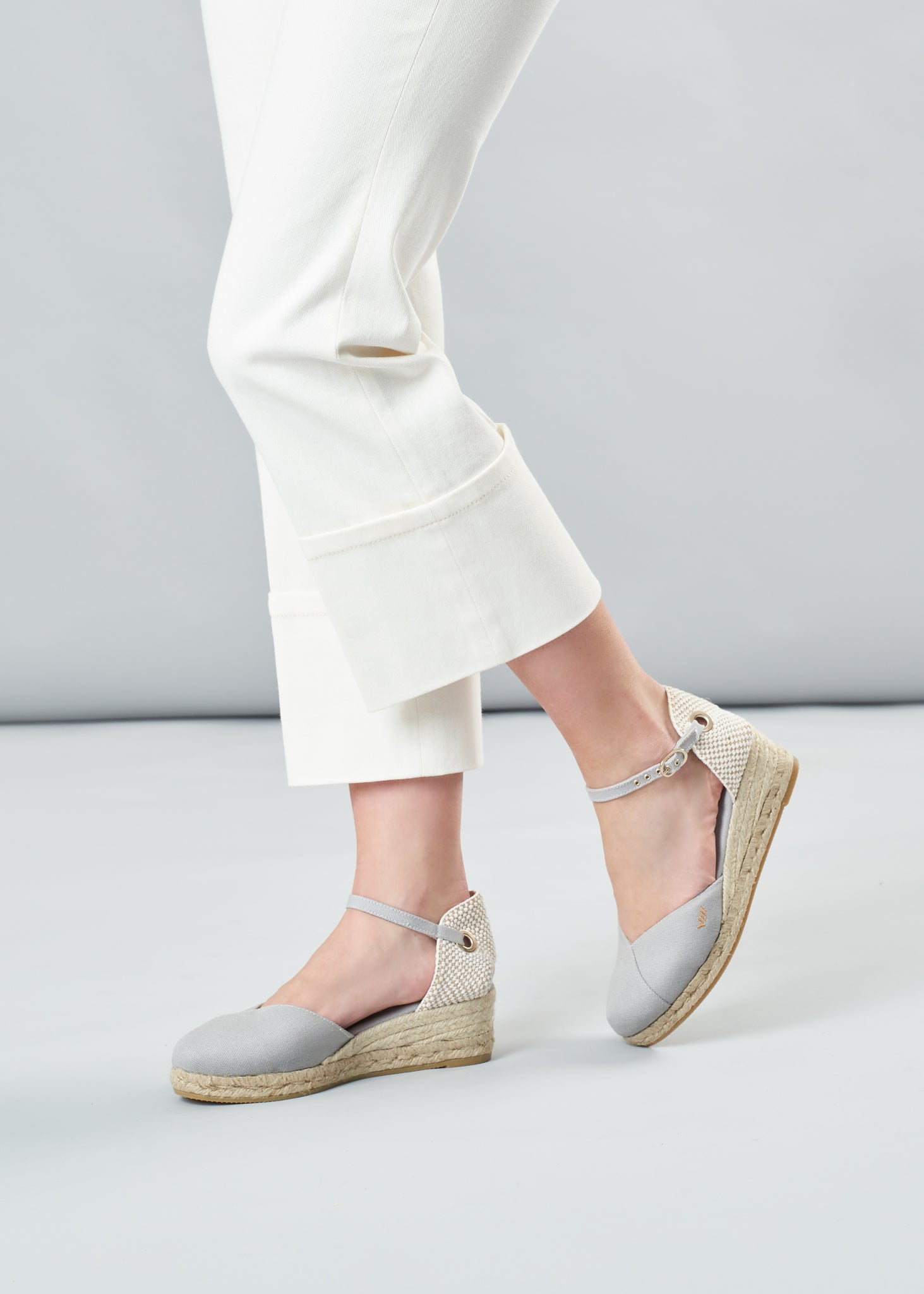 Pubol Ash Grey Canvas Ankle Strap Women Espadrille Wedges Legs