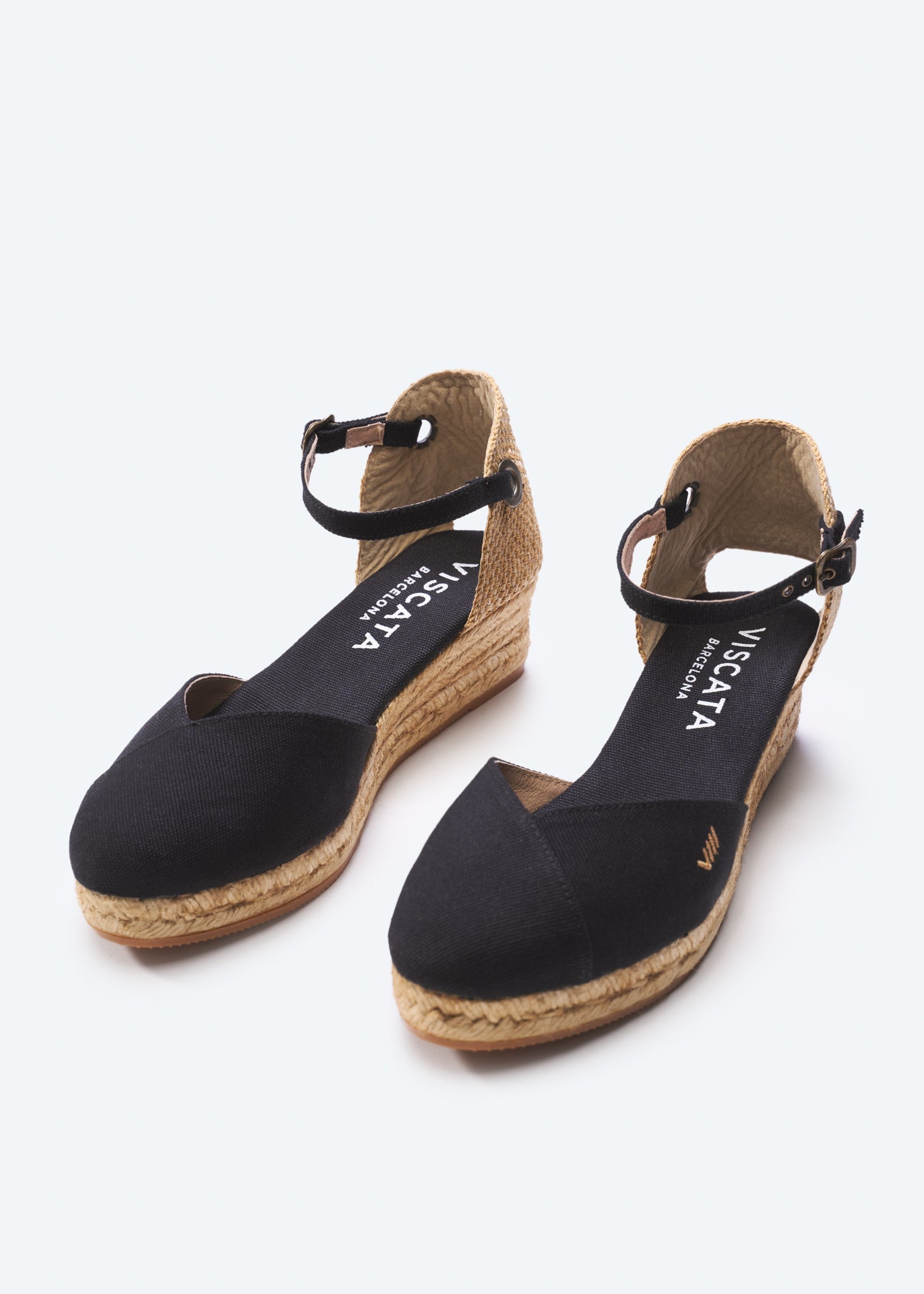 Pubol Black Canvas Ankle Strap Women Espadrille Wedges