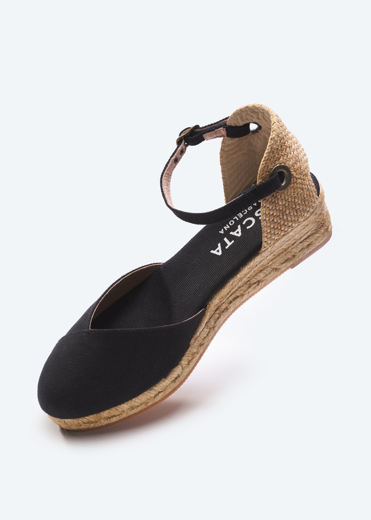 Pubol Black Canvas Ankle Strap Women Espadrille Low Heel Wedge