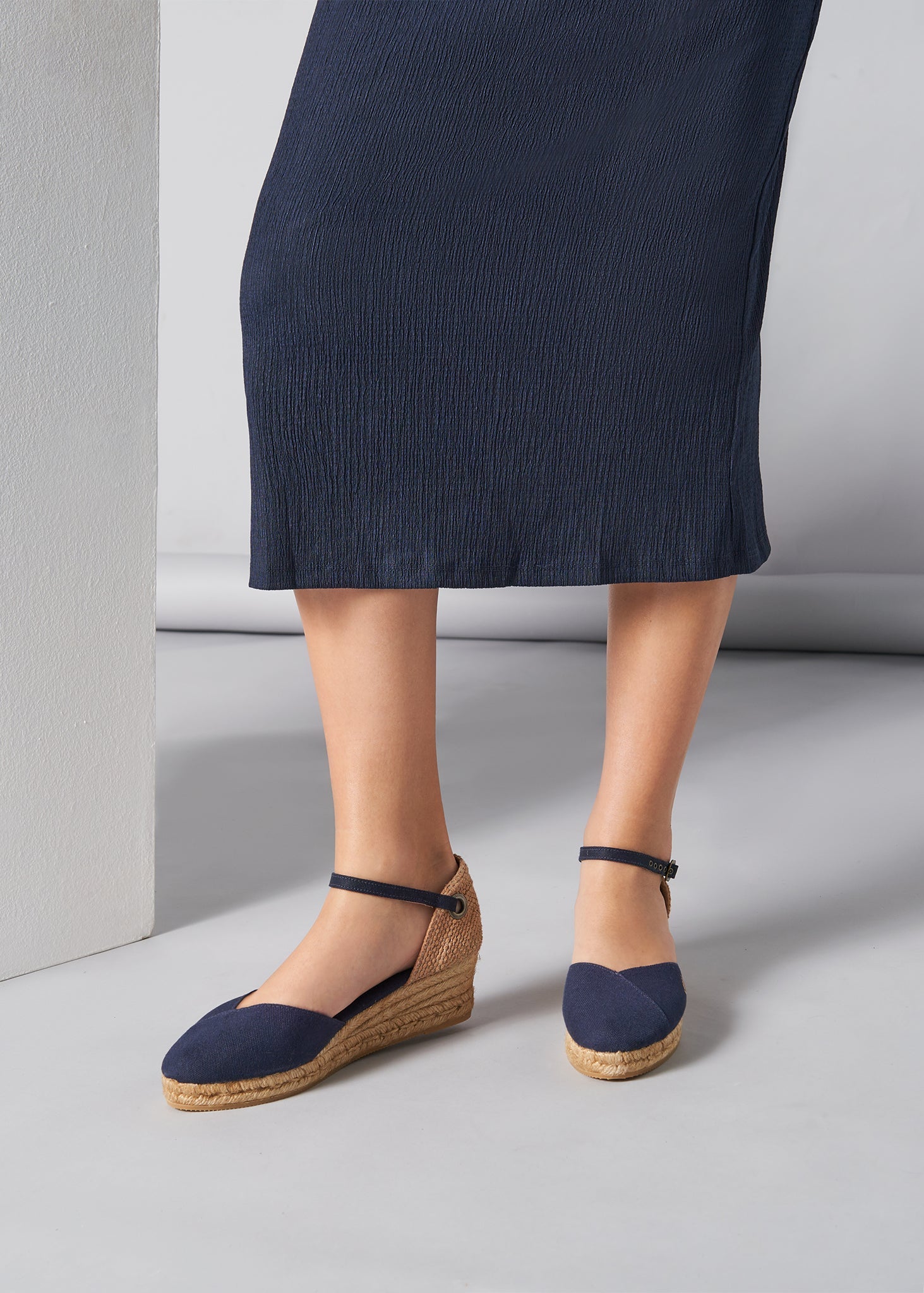 Pubol Navy Blue Canvas Ankle Strap Women Espadrille Wedges Legs