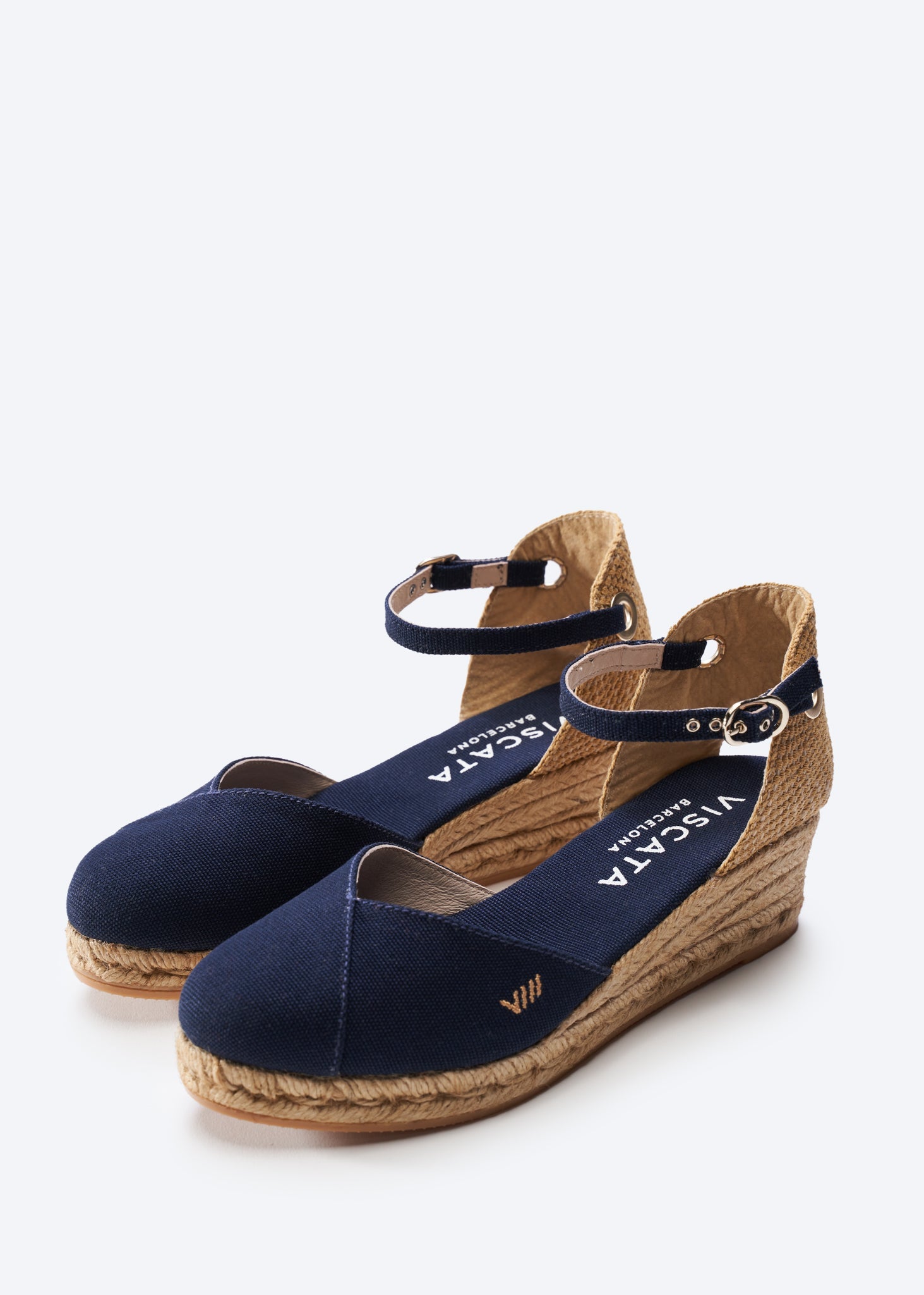 Pubol Navy Blue Canvas Ankle Strap Women Espadrille Low Heel Wedges