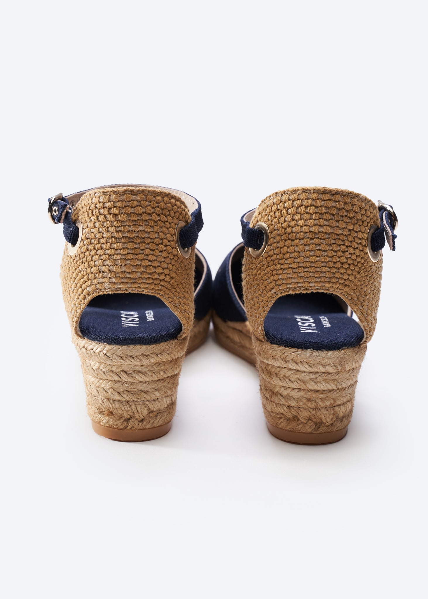Pubol Navy Blue Canvas Ankle Strap Women Espadrille Wedges Flexible Back Detail
