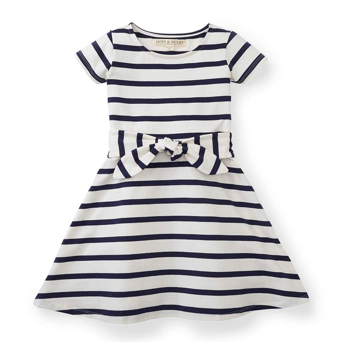 Organic Tie-Waist Knit Dress - White & Navy Stripe