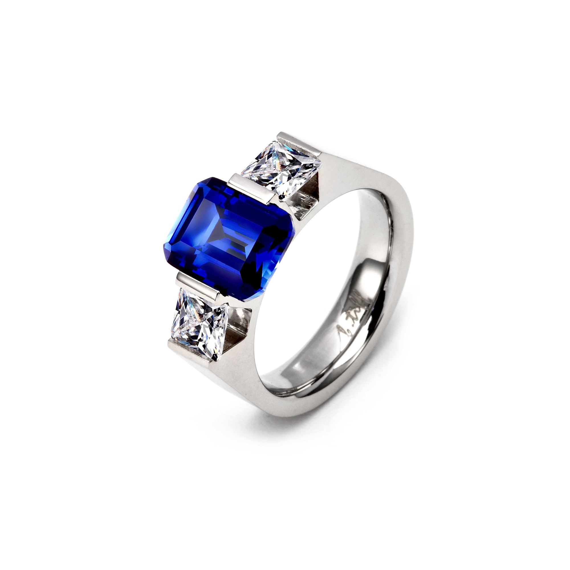 RG208BL B.Tiff 3-Stone 3 ct Blue Emerald Cut Engagement Ring