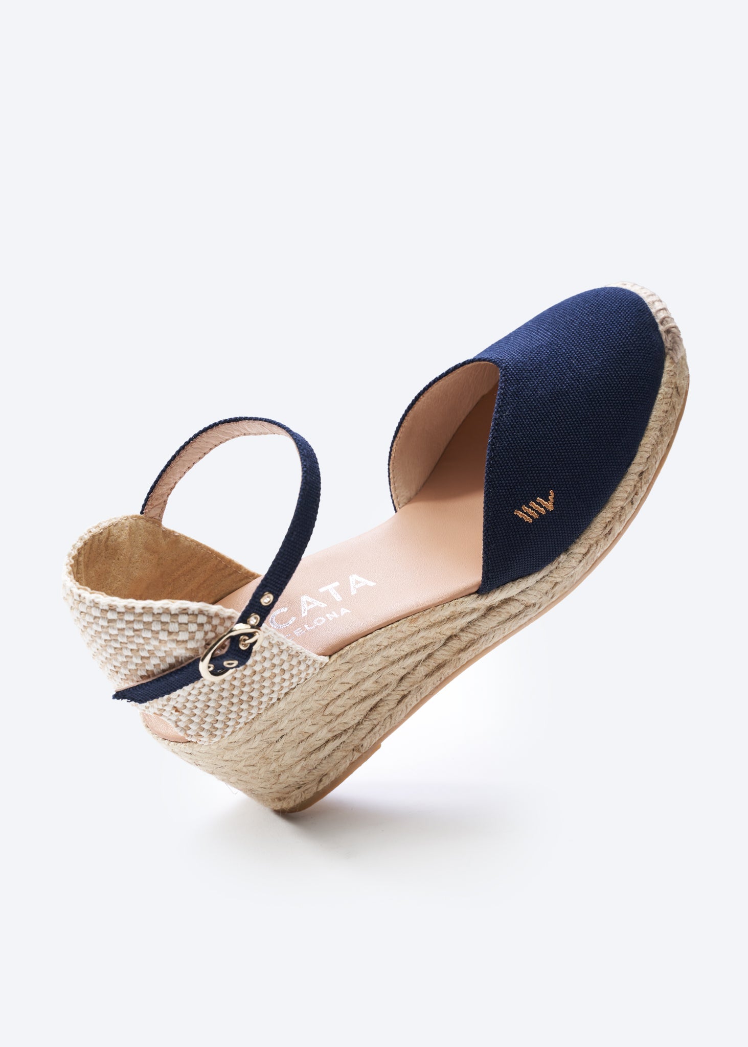 Reus Navy Blue Canvas Ankle Strap Women Espadrille Closed Toe Wedges