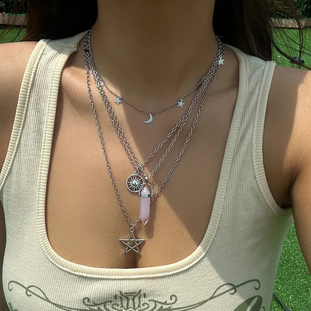 Rose Quartz Star Sun Moon Layer Necklace