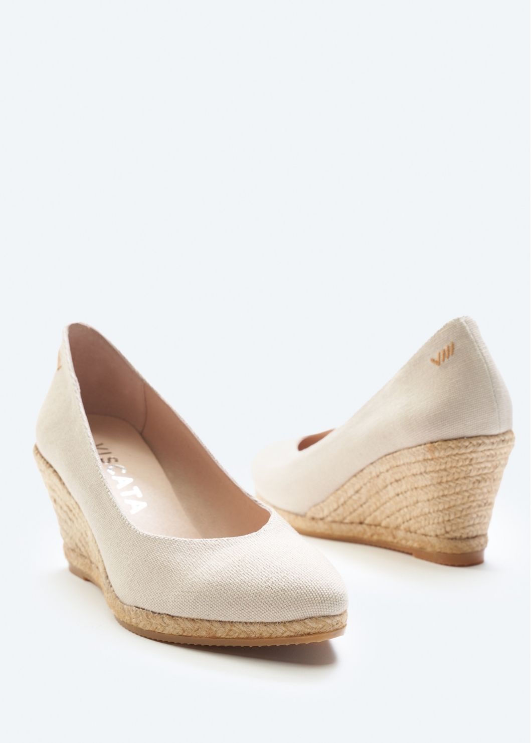 Roses V Cut Beige Canvas Women Espadrille Wedges