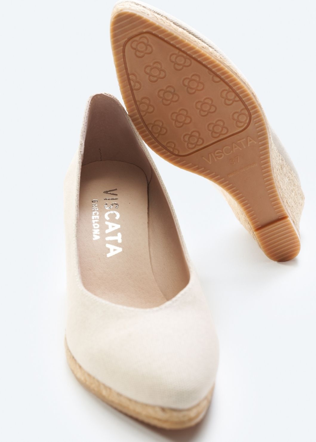Roses V Cut Beige Canvas Slip On Women Espadrille Wedges