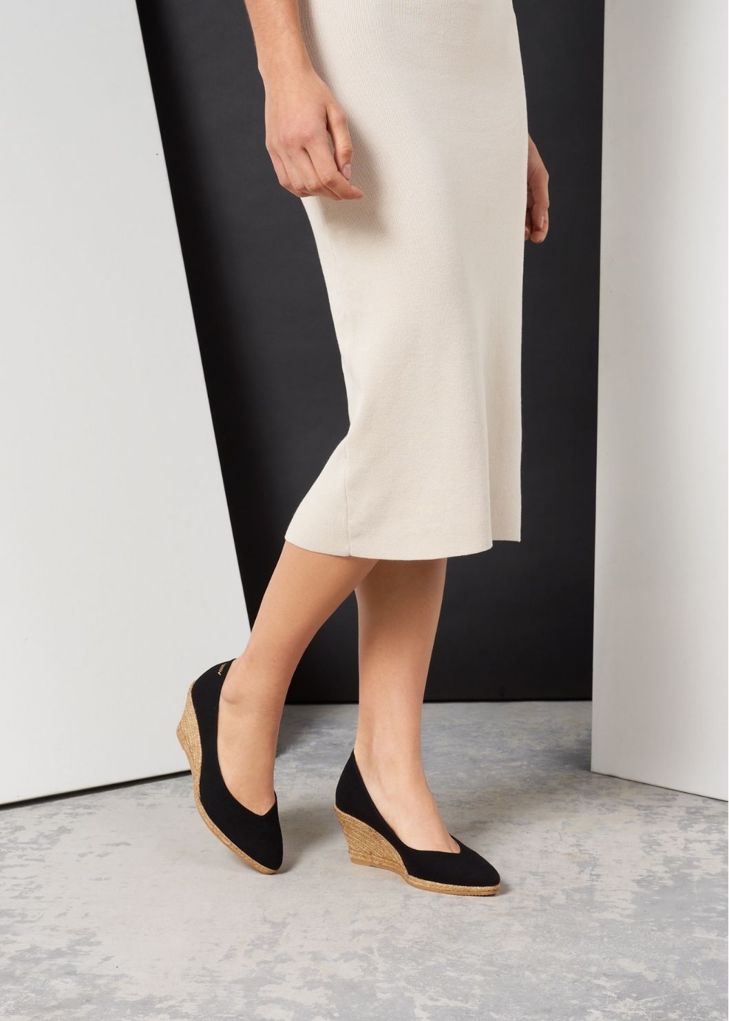 Roses V Cut Black Canvas Slip On Women Espadrille Wedges Legs