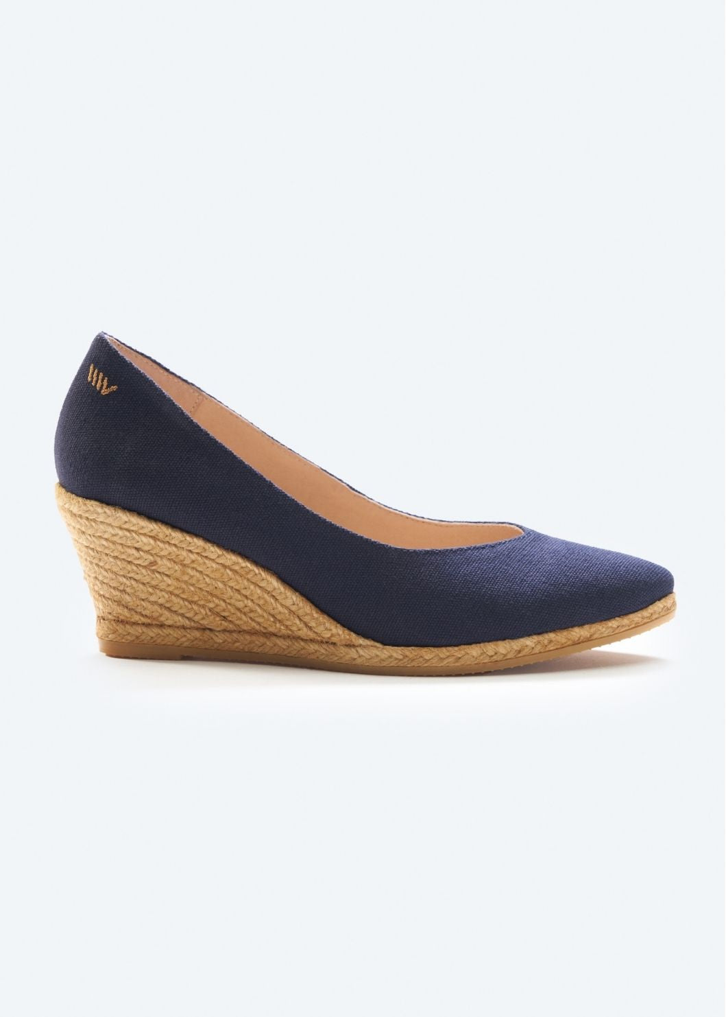 Roses V Cut Navy Blue Canvas Slip On Women Espadrille Wedge