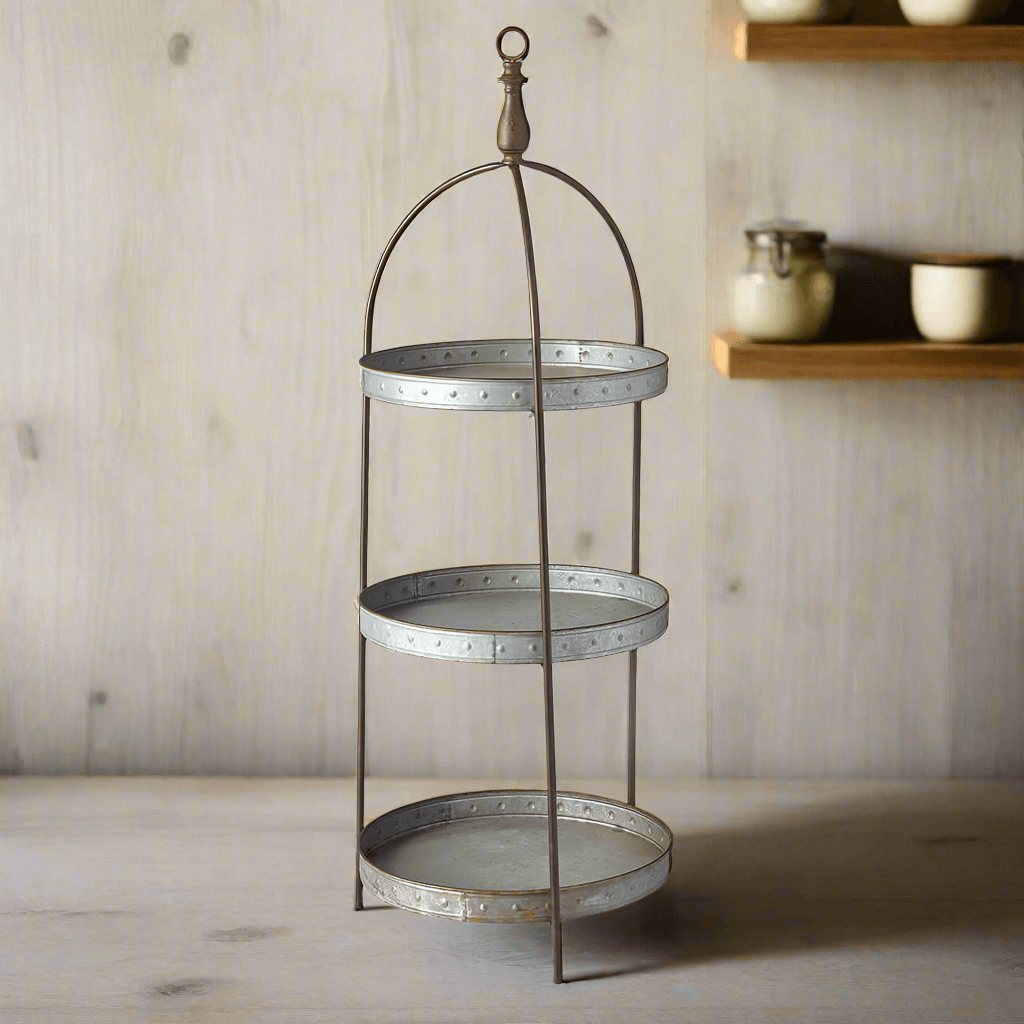 Round Rustic Three-Tier Galvanized Metal Display Stand