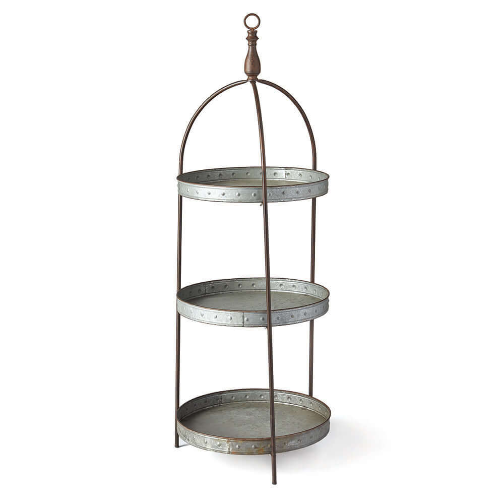 Round Rustic Three-Tier Galvanized Metal Display Stand