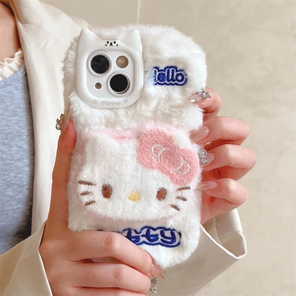 Cartoon Hello Kitty Plush Cat Ears Warm Winter Furry Fur Cover Phone Case
