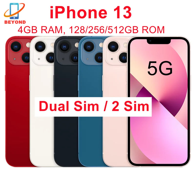 (Refurbished) Original Apple iPhone 13 Dual Sim 2Sim 128GB 256GB ROM 6.1" Retina OLED A15 Face ID NFC Unlocked
