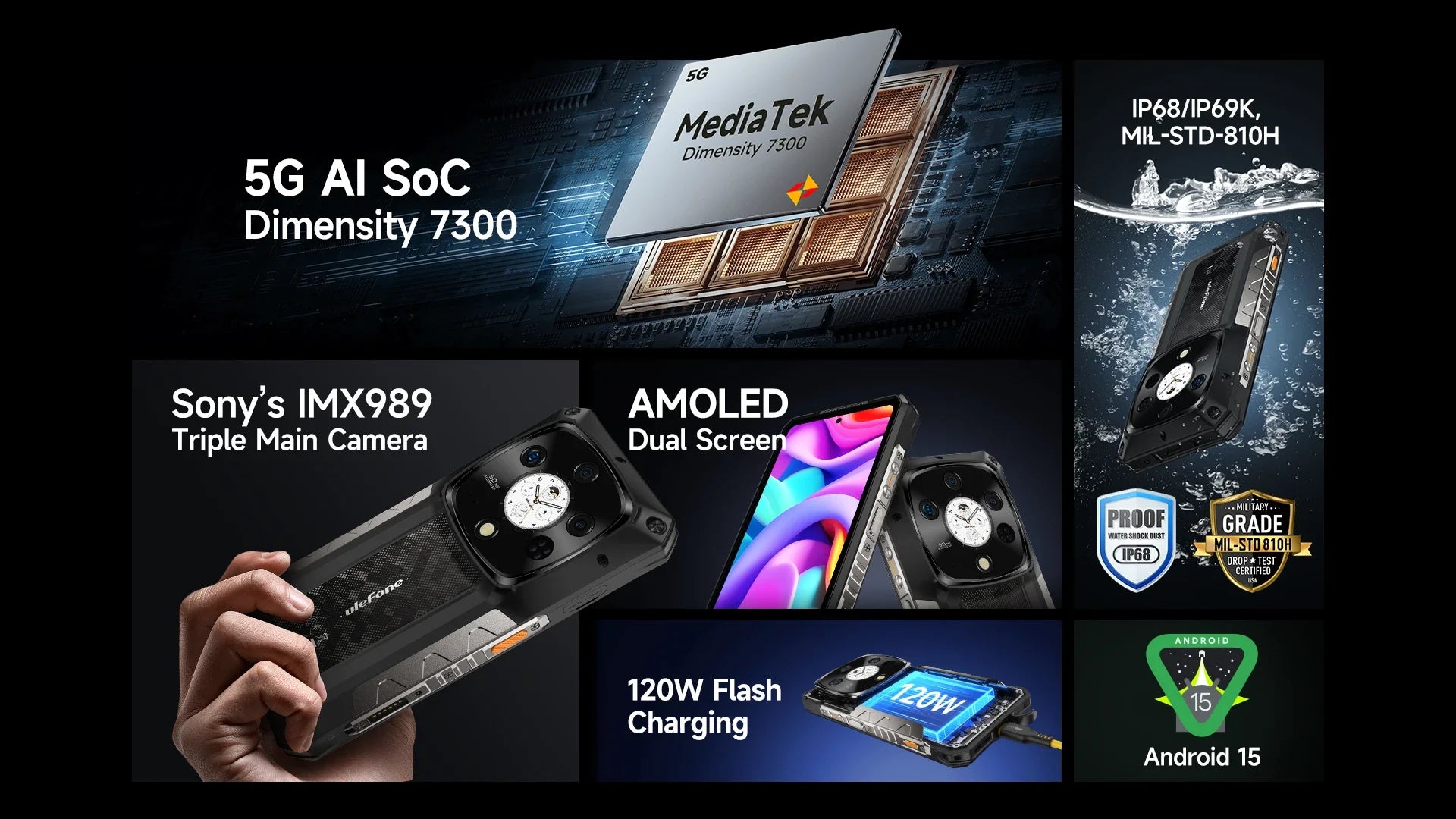 Ulefone Armor 28 Pro 5G AI Rugged Phone 512GB ROM Smartphone 120W MTK Dimensity 7300  10600mAh 6.67”AMOLED 64MP Mobile phone