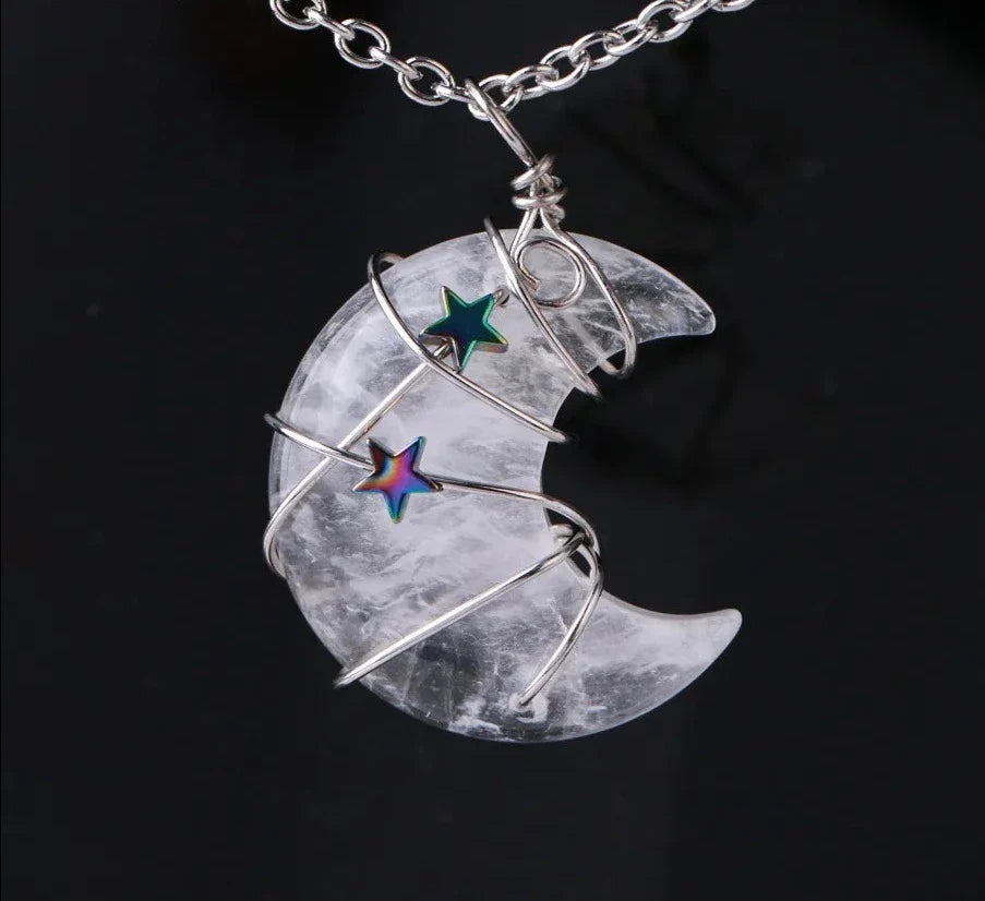 Crystal Crescent Moon and Star Silver Necklace
