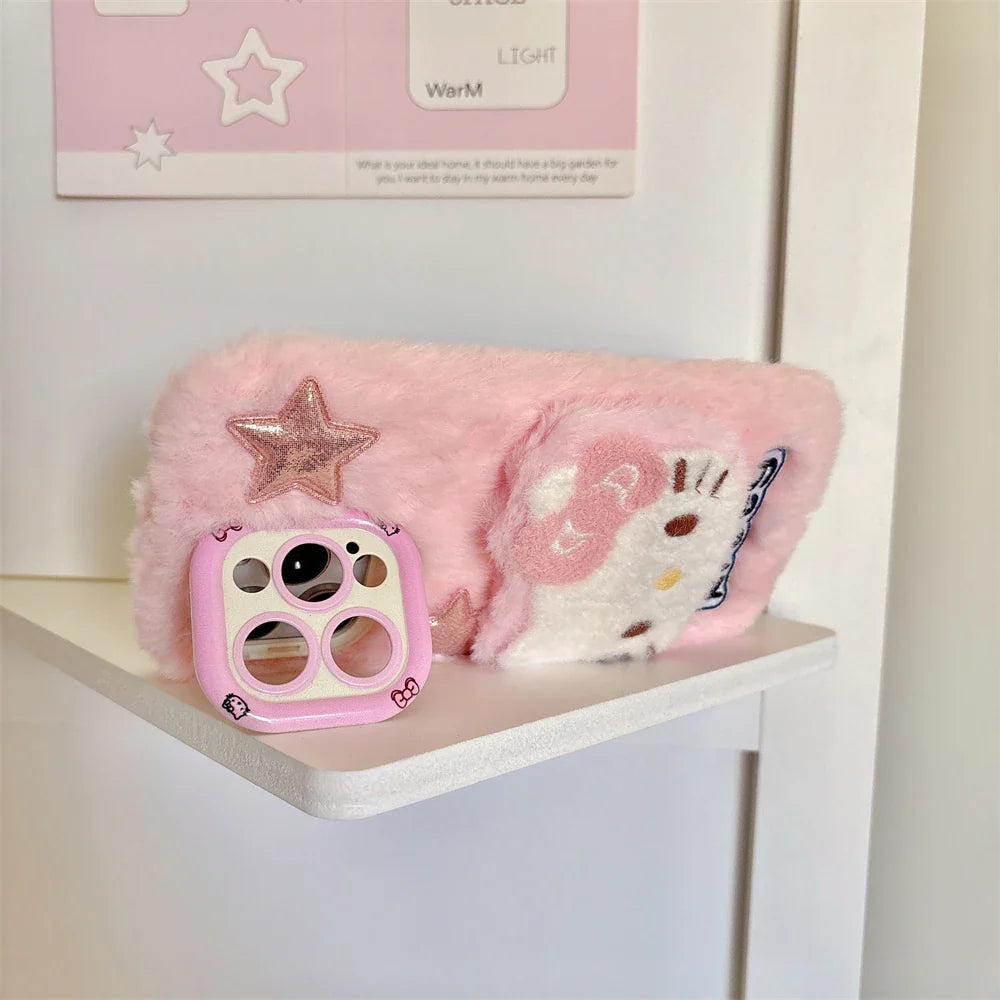 Cute Hello Kitty Fur Fluffy Camera Holder Stand Phone Case