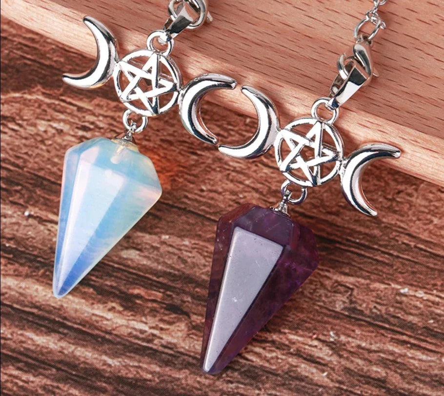Triple Moon Pentacle Crystal Pendulums