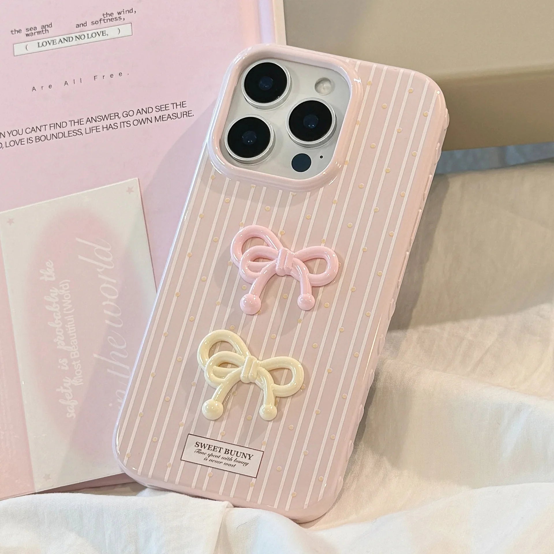 Korean Cute 3D Bowknot Pink Striped Wave Point Soft Phone Case For iPhone